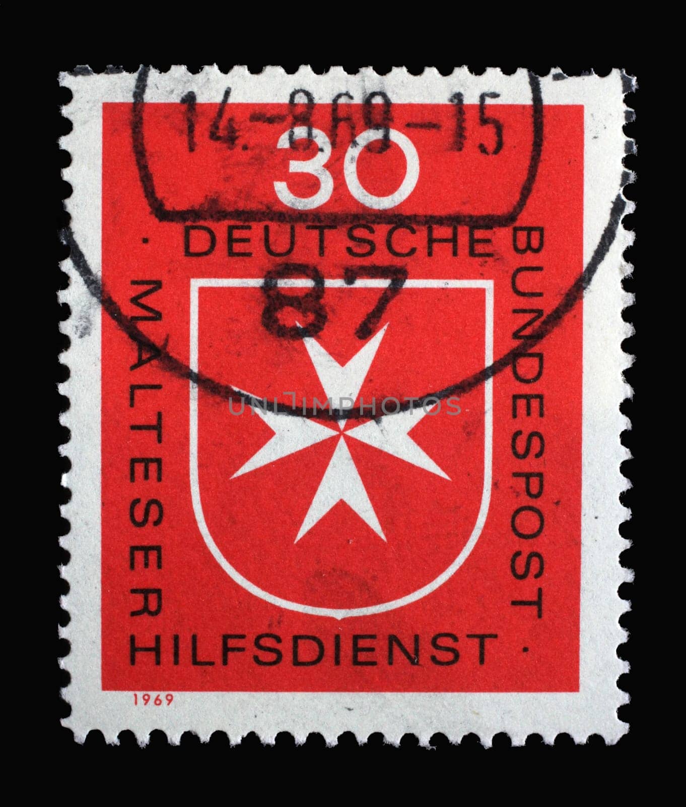 Stamp printed in Germany shows Malteser Cross, Maltese Relief Service, founded 1955, world-wide activities in social services, first aid and disaster assistance, circa 1969
