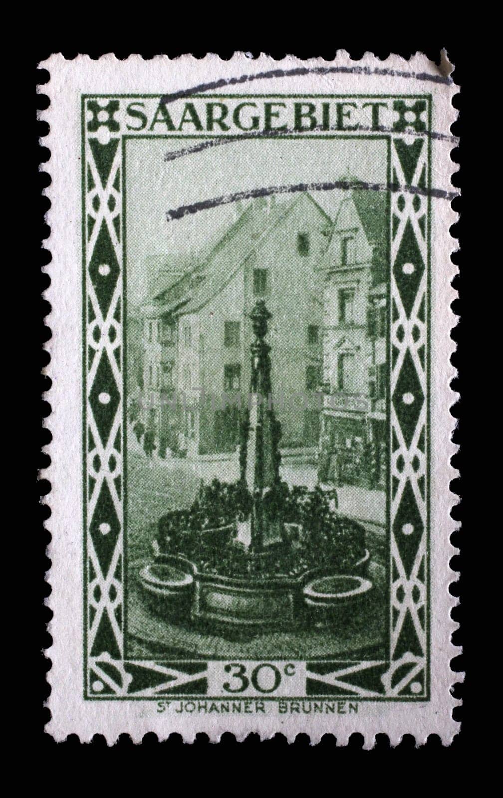 Stamp from Germany area Saar shows St. Johann Market fountain in Saarbrucken, circa 1927