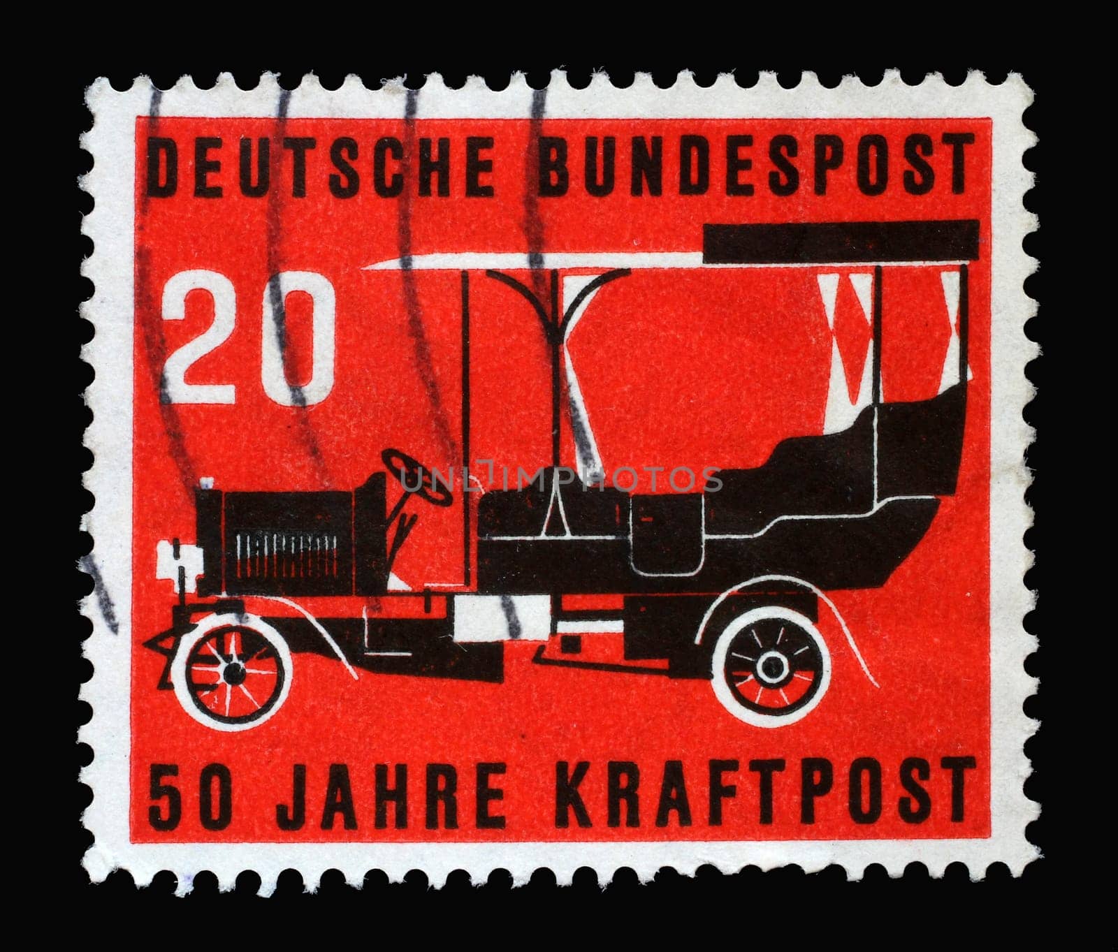 Stamp printed in Germany, shows a post bus from 1906 against a red background. The postage stamp was published on the occasion of 50 years of automobile post, circa 1955