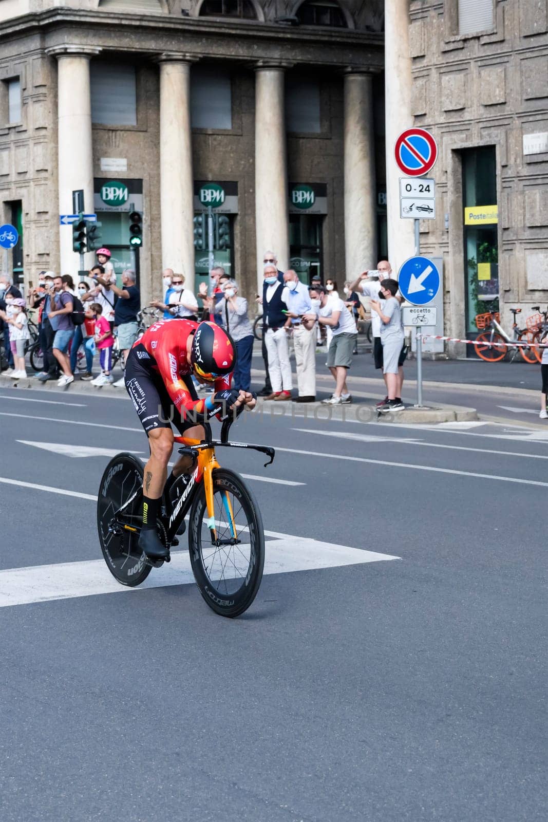 MILAN, ITALY - MAY 30: last stage of Giro 2021, Damiano Caruso competitor of Bahrain Team  at high speed during individual time trial in city streets, shot on may 30, 2021 Milan, Italy.