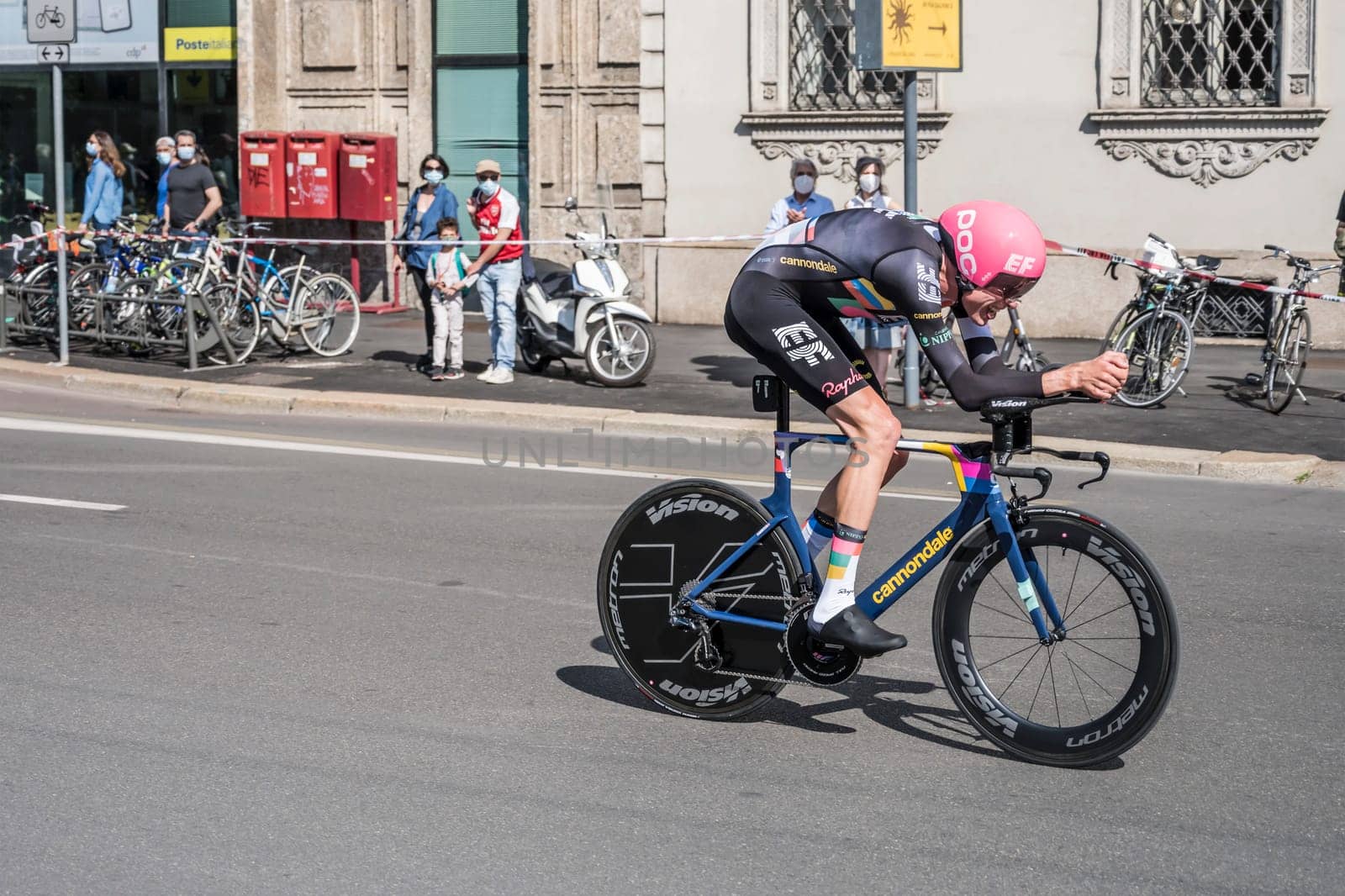 MILAN, ITALY - MAY 30: last stage of Giro 2021, Hugh John Carthy  competitor of EF Education Team  at high speed during individual time trial in city streets, shot on may 30, 2021 Milan, Italy.
