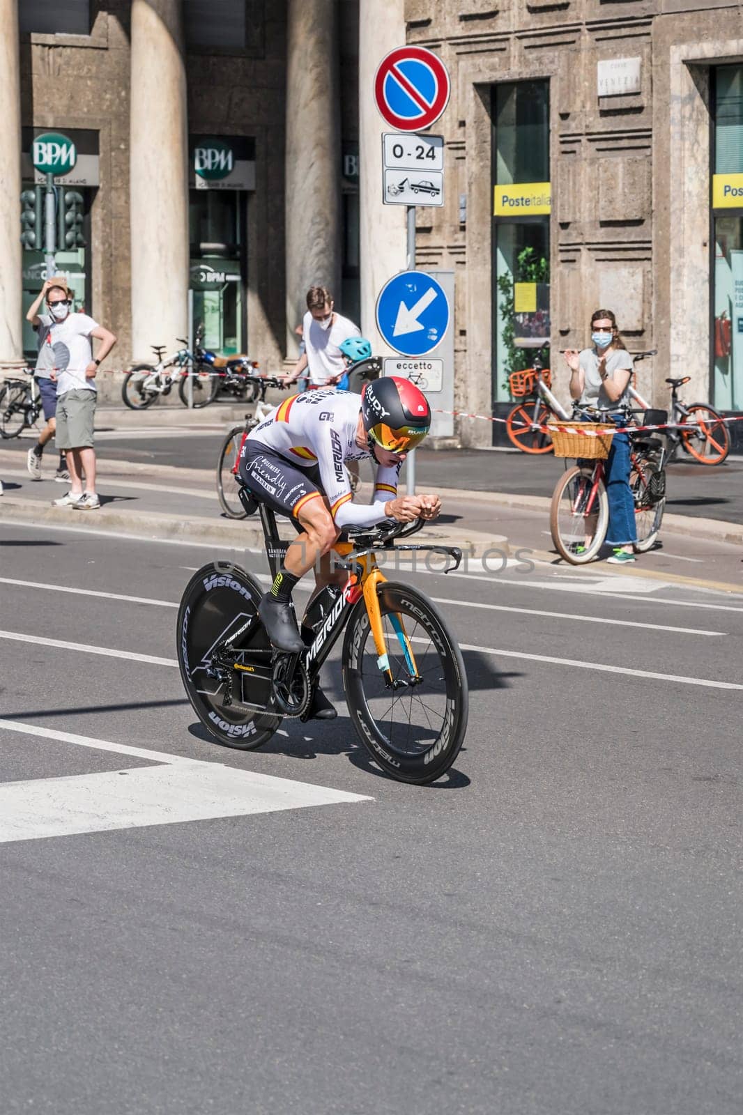 MILAN, ITALY - MAY 30: last stage of Giro 2021, Pello Bilbao Lopez de Armentia  competitor at high speed during individual time trial in city streets, shot on may 30, 2021 Milan, Italy.