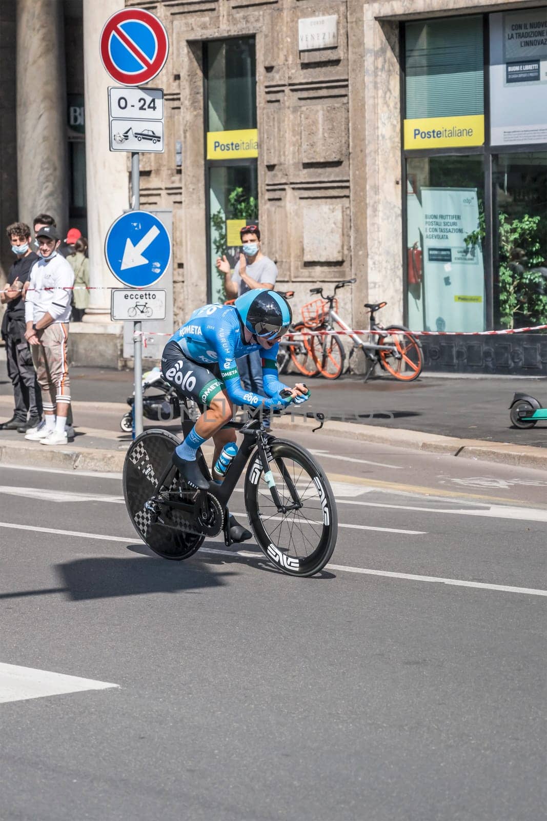 MILAN, ITALY - MAY 30: last stage of Giro 2021, Lorenzo Fortunato  competitor at high speed during individual time trial in city streets, shot on may 30, 2021 Milan, Italy.
