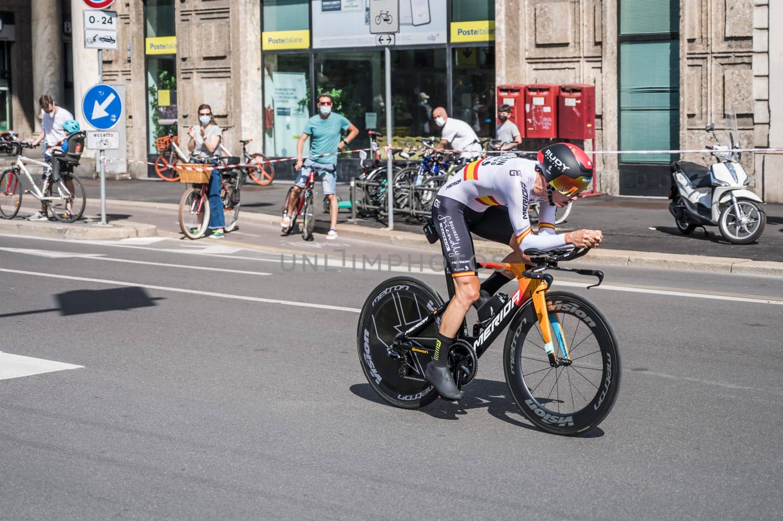MILAN, ITALY - MAY 30: last stage of Giro 2021, Pello Bilbao Lopez de Armentia  competitor of Bahrain Victorius Team  at high speed during individual time trial in city streets, shot on may 30, 2021 Milan, Italy.