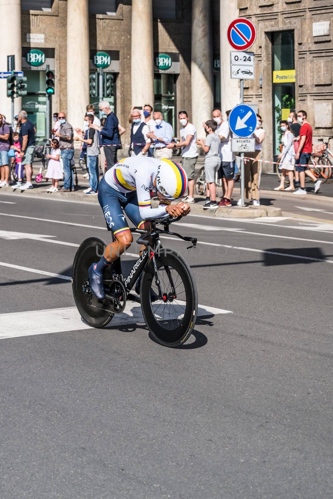 MILAN, ITALY - MAY 30: last stage of Giro 2021, Daniel Martinez competitor at high speed during individual time trial in city streets, shot on may 30, 2021 Milan, Italy.