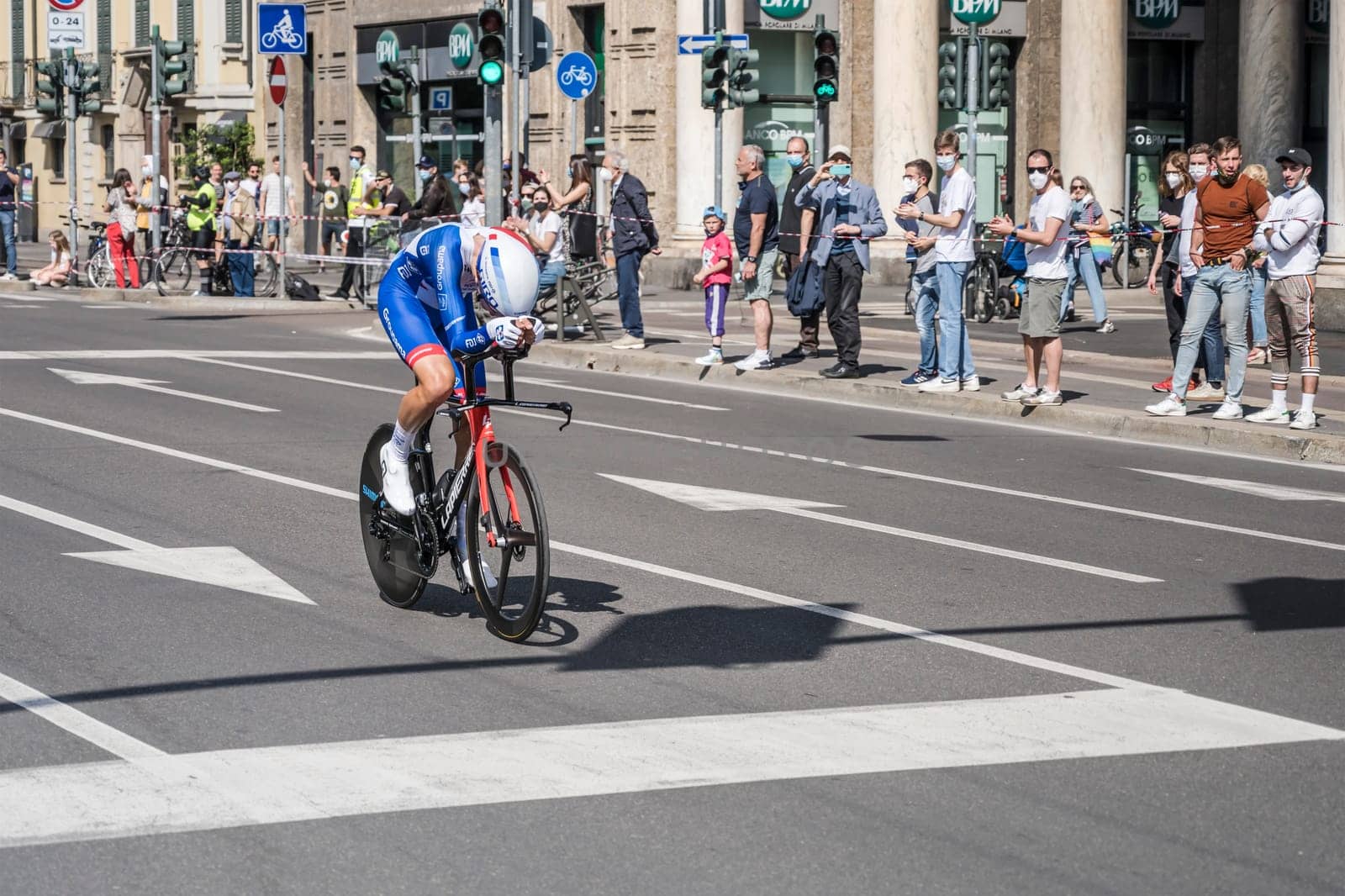 MILAN, ITALY - MAY 30: last stage of Giro 2021, Attila Valter competitor of Groupama Team at high speed during individual time trial in city streets, shot on may 30, 2021 Milan, Italy.