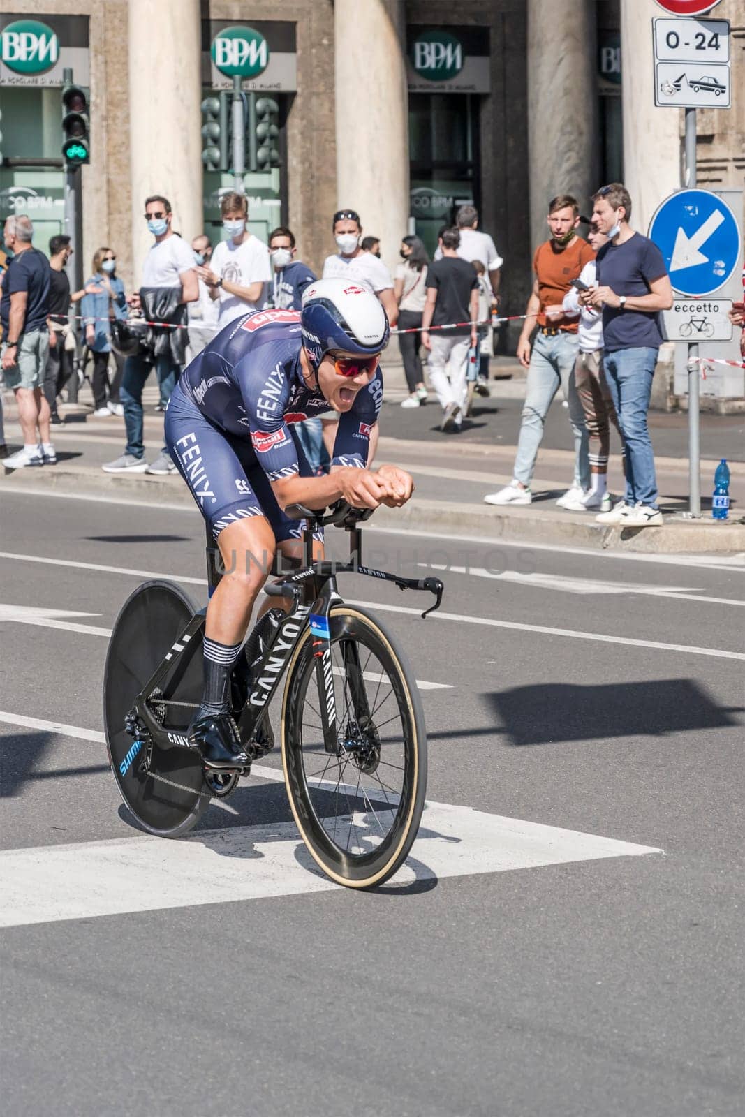 MILAN, ITALY - MAY 30: last stage of Giro 2021, Louis Verwaeke competitor of Alpecin-Fenix Team  at high speed during individual time trial in city streets, shot on may 30, 2021 Milan, Italy.
