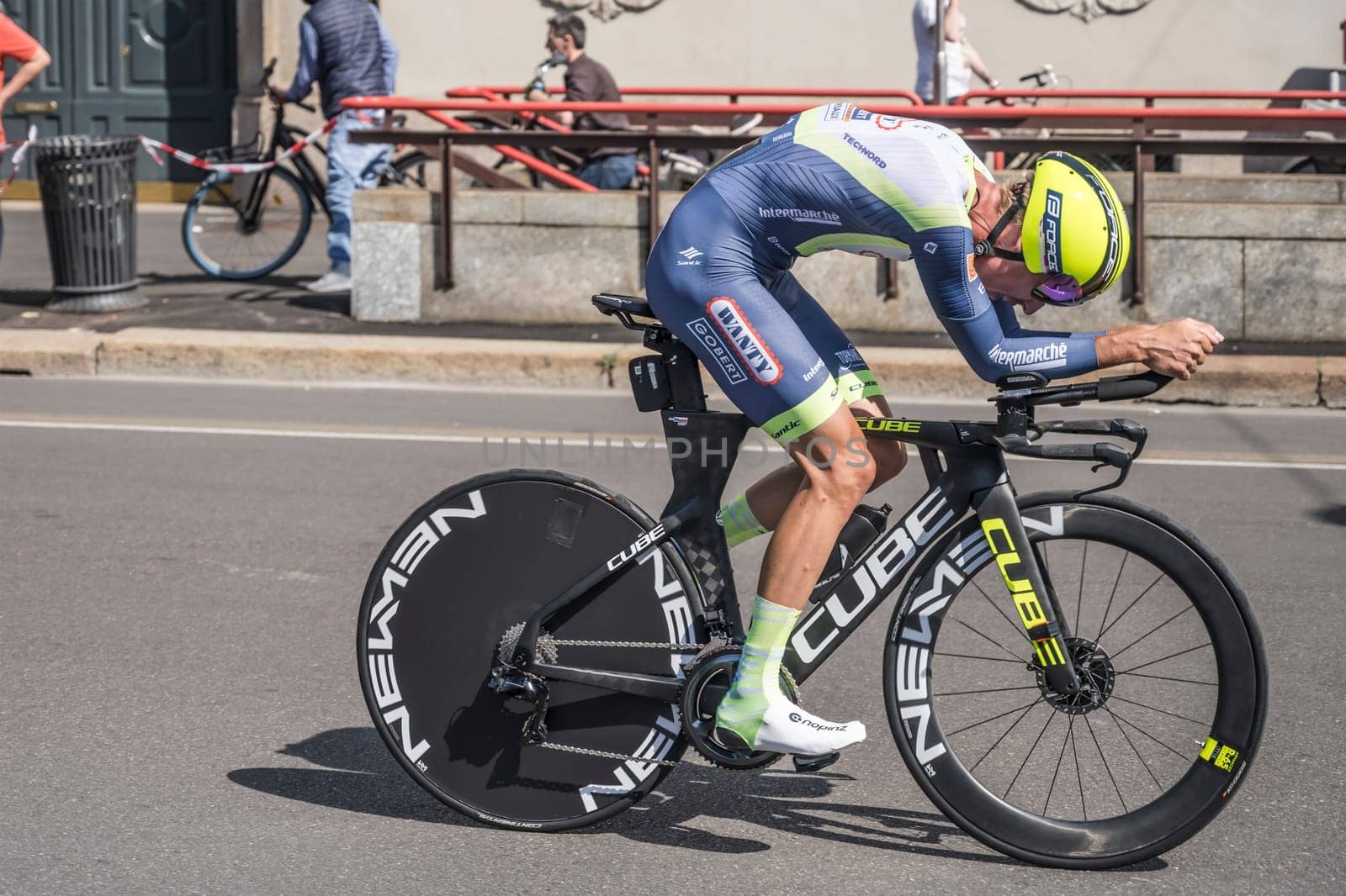 MILAN, ITALY - MAY 30: last stage of Giro 2021, Jan Hirth competitor of Intermarche-Wanty-Gobert Team at high speed during individual time trial in city streets, shot on may 30, 2021 Milan, Italy.