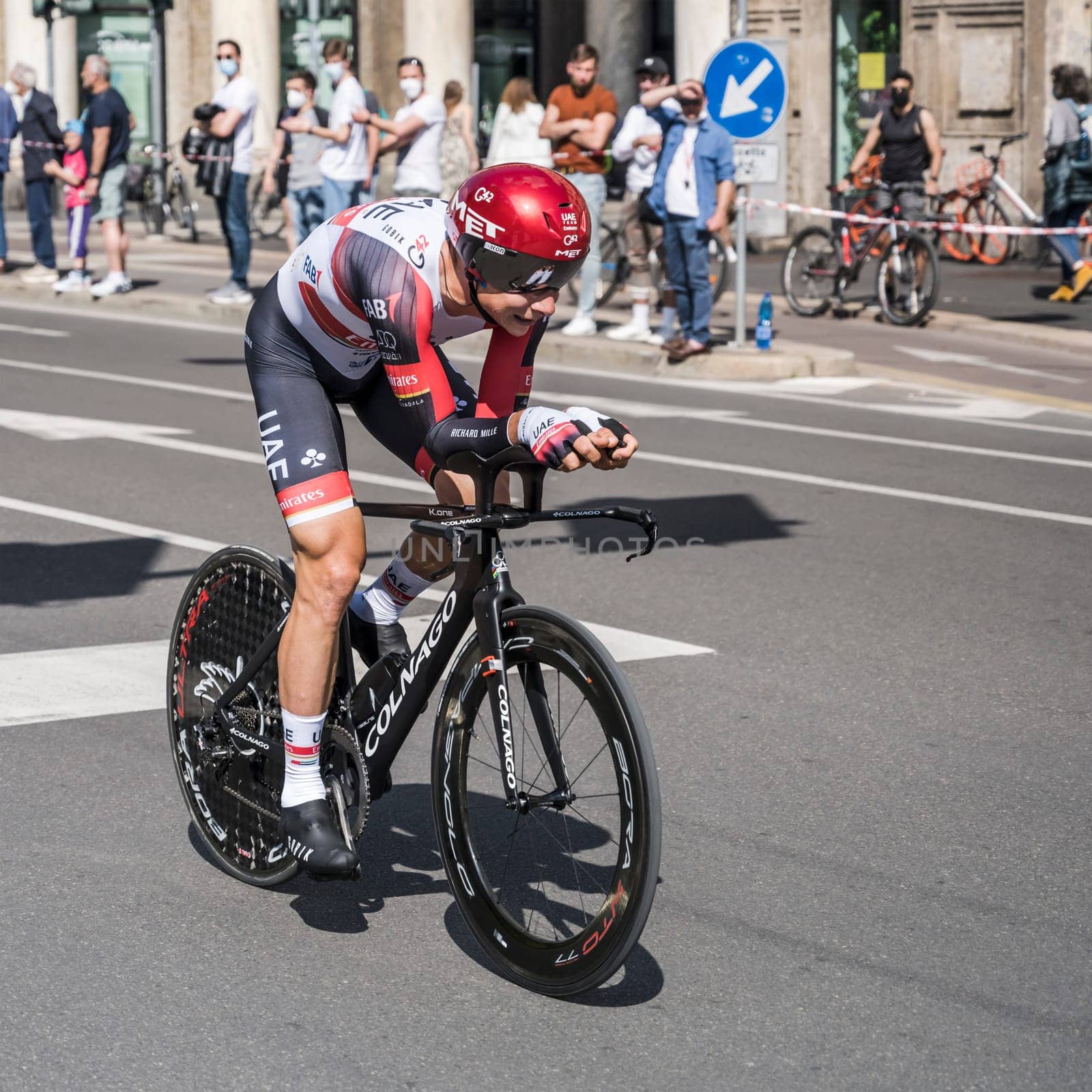 MILAN, ITALY - MAY 30: last stage of Giro 2021, Davide Formolo competitor of UAE Emirates Team at high speed during individual time trial in city streets, shot on may 30, 2021 Milan, Italy.
