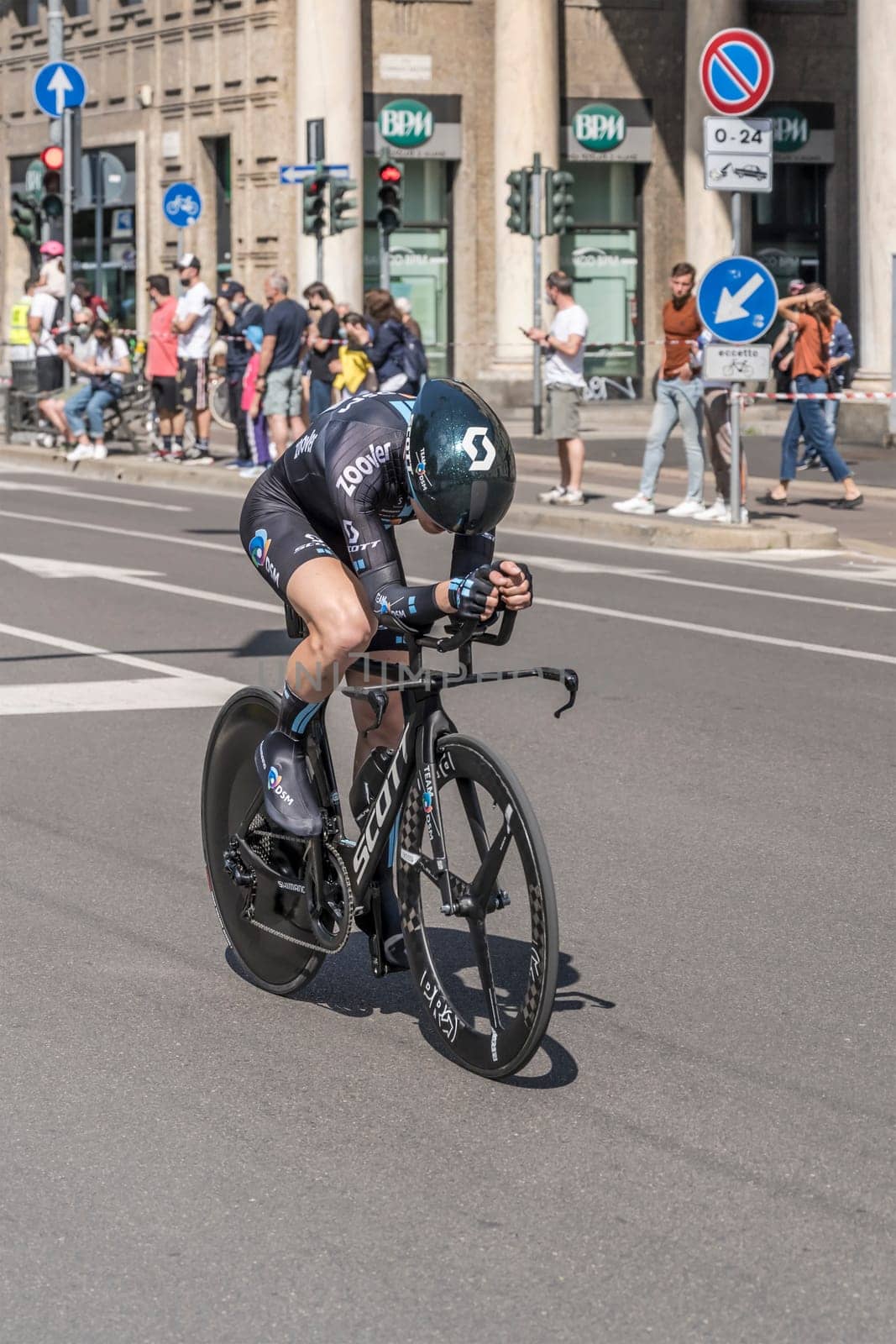 MILAN, ITALY - MAY 30: last stage of Giro 2021, Michael Storer competitor of DSM Team  at high speed during individual time trial in city streets, shot on may 30, 2021 Milan, Italy.