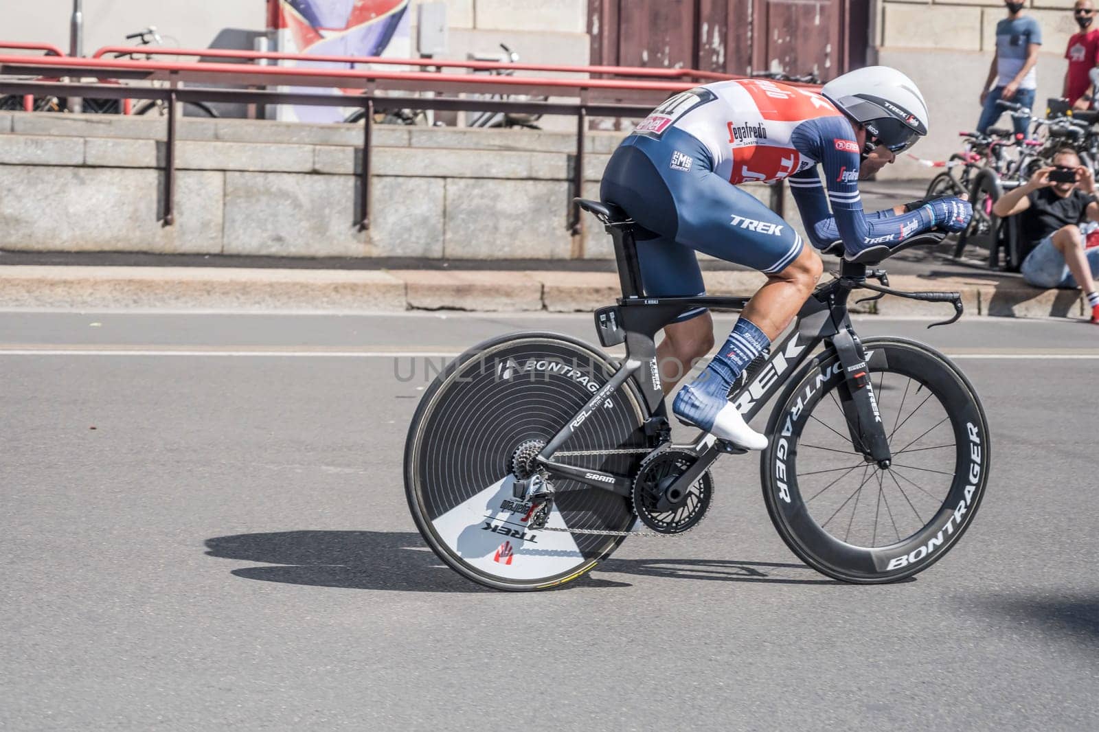 MILAN, ITALY - MAY 30: last stage of Giro 2021, Vincenzo Nibali competitor of Trek-Segafredo Team  at high speed during individual time trial in city streets, shot on may 30, 2021 Milan, Italy.