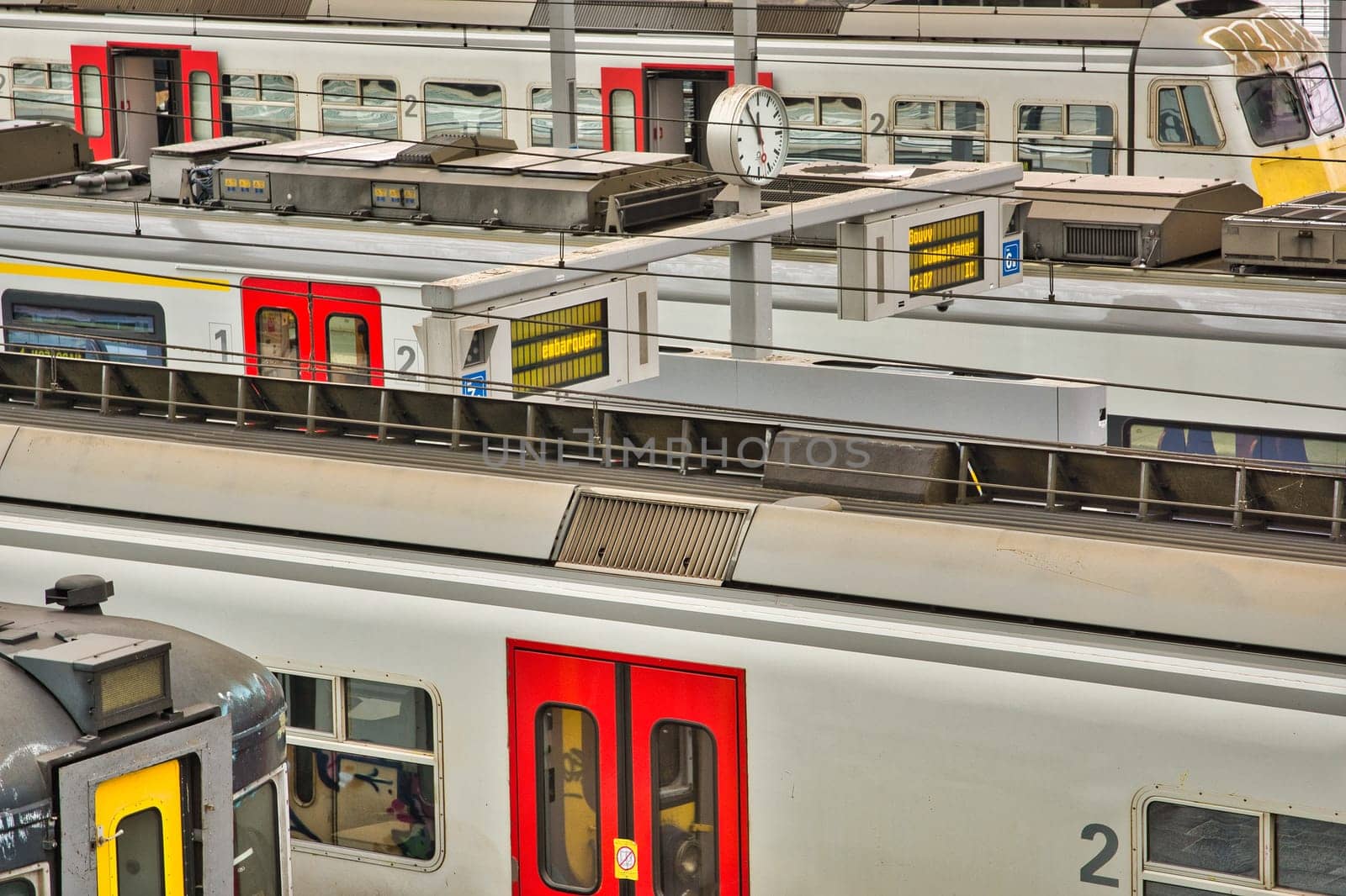 Liege, Belgium, June 2021: Belgian NMBS railroad trains in a train station. Close-up and detail.