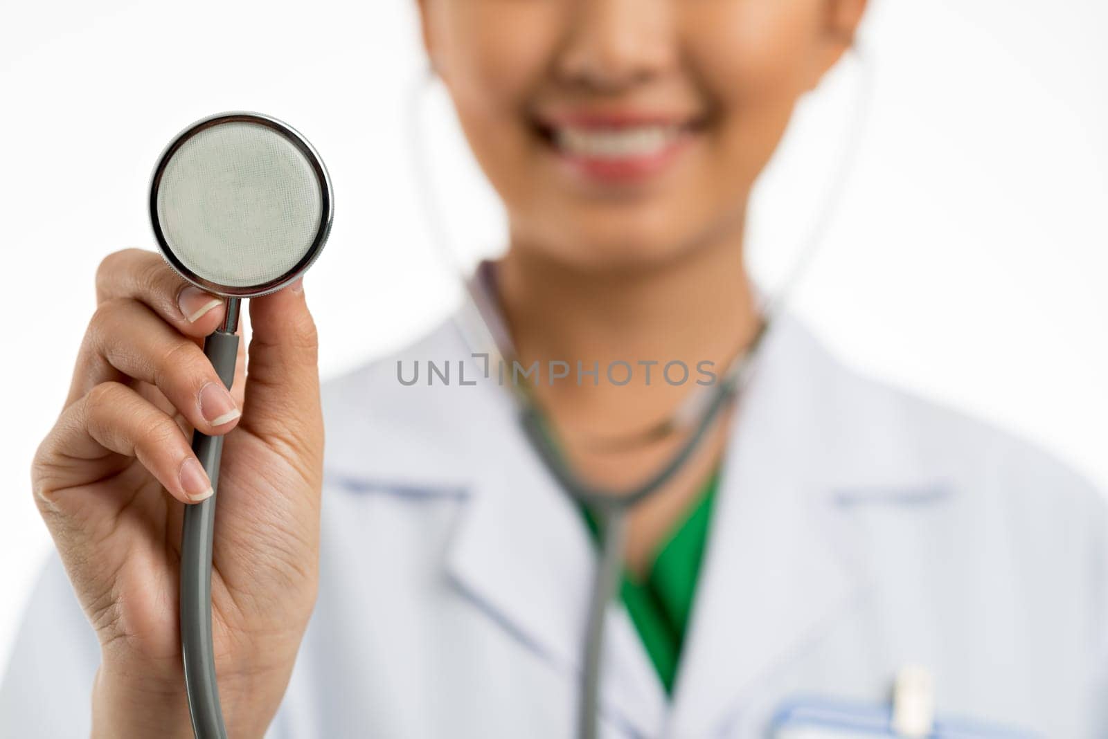 Close-up image of doctor with stethoscope in hands, selective focus
