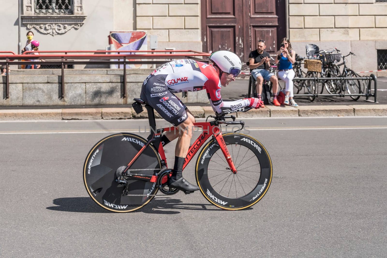 MILAN, ITALY - MAY 30: last stage of Giro 2021, Eduardo Sepulveda competitor of Androni-Sidermec Team at high speed during individual time trial in city streets, shot on may 30, 2021 Milan, Italy.