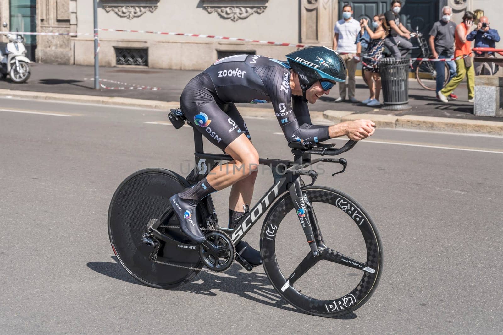 MILAN, ITALY - MAY 30: last stage of Giro 2021, Christopher Hamilton competitor DSM Team  at high speed during individual time trial in city streets, shot on may 30, 2021 Milan, Italy.