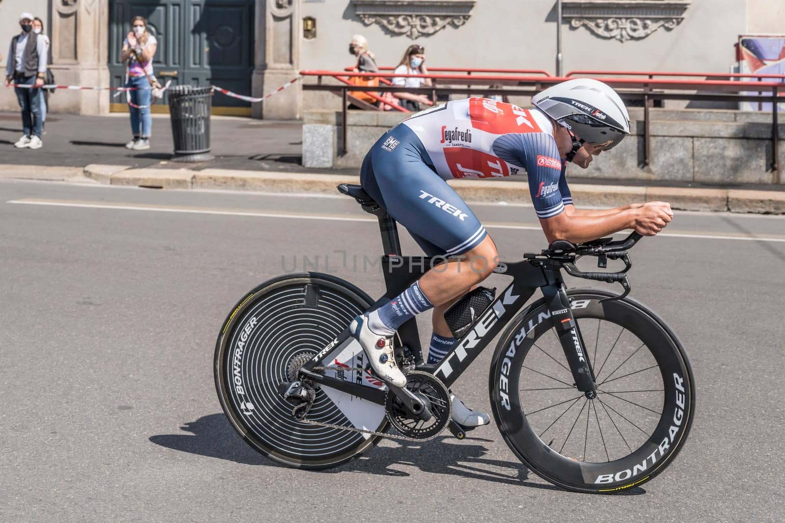 MILAN, ITALY - MAY 30: last stage of Giro 2021, Jacopo Mosca competitor of Trek-Segafredo Team  at high speed during individual time trial in city streets, shot on may 30, 2021 Milan, Italy.