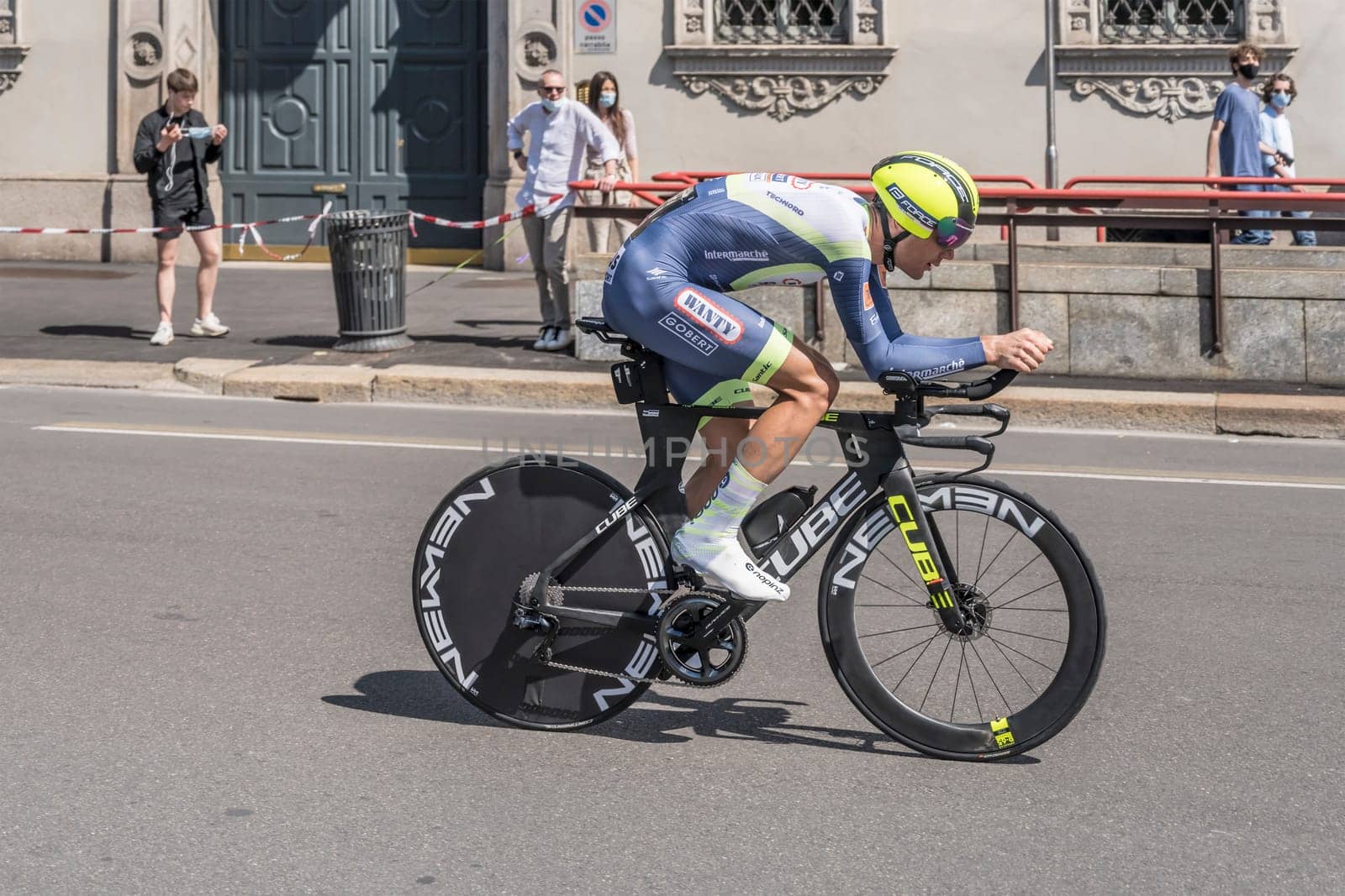 MILAN, ITALY - MAY 30: last stage of Giro 2021, Rein Taarmae competitor of Intermarche-Wanty Team  at high speed during individual time trial in city streets, shot on may 30, 2021 Milan, Italy.