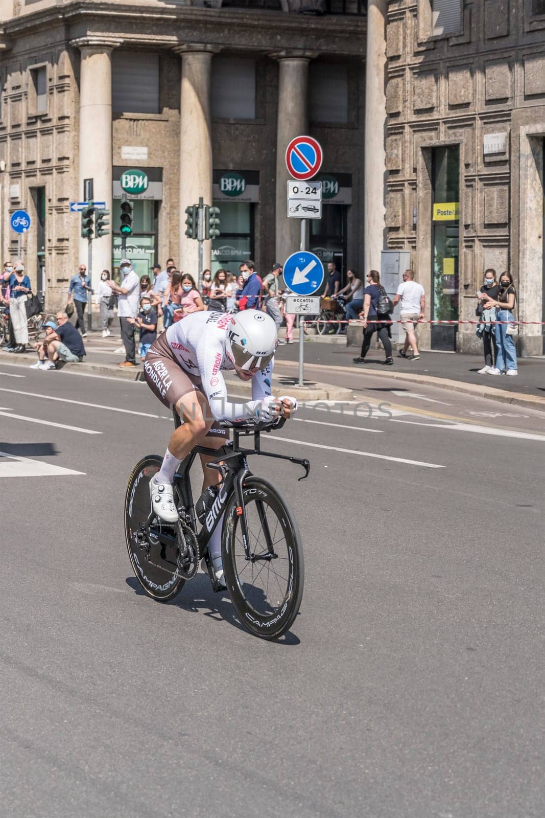 MILAN, ITALY - MAY 30: last stage of Giro 2021, Tony Gallopin competitor of AG2R Citroen Team  at high speed during individual time trial in city streets, shot on may 30, 2021 Milan, Italy.