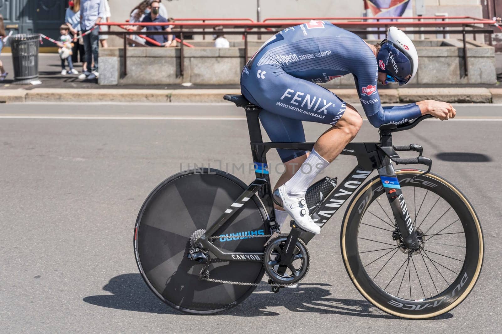 MILAN, ITALY - MAY 30: last stage of Giro 2021, Jimmy Janssens competitor of Alpecin-Fenix Team   at high speed during individual time trial in city streets, shot on may 30, 2021 Milan, Italy.