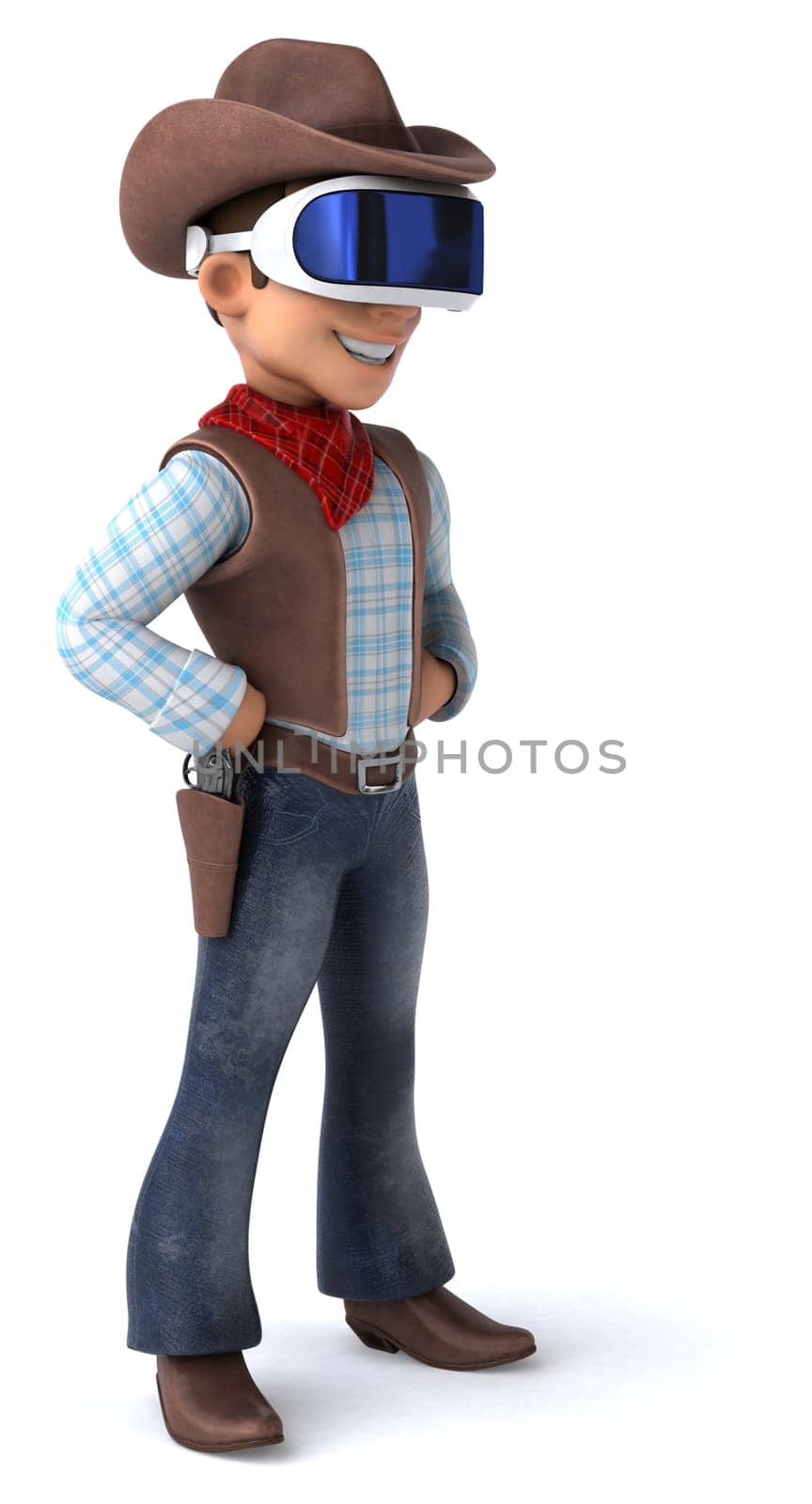 Fun 3D Illustration of a cowboy with a VR Helmet