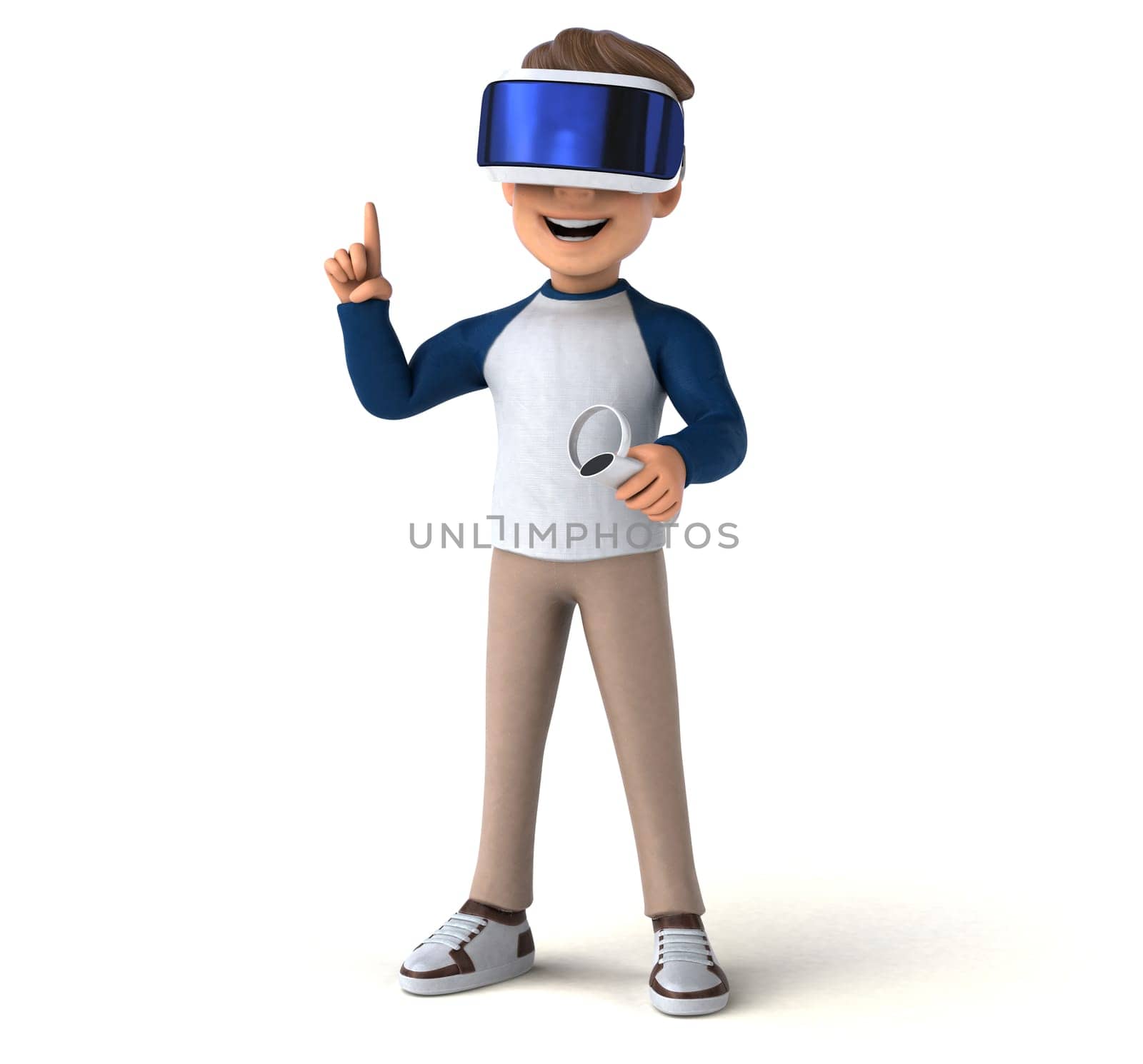 Fun 3D illustration of a cartoon kid with a VR helmet