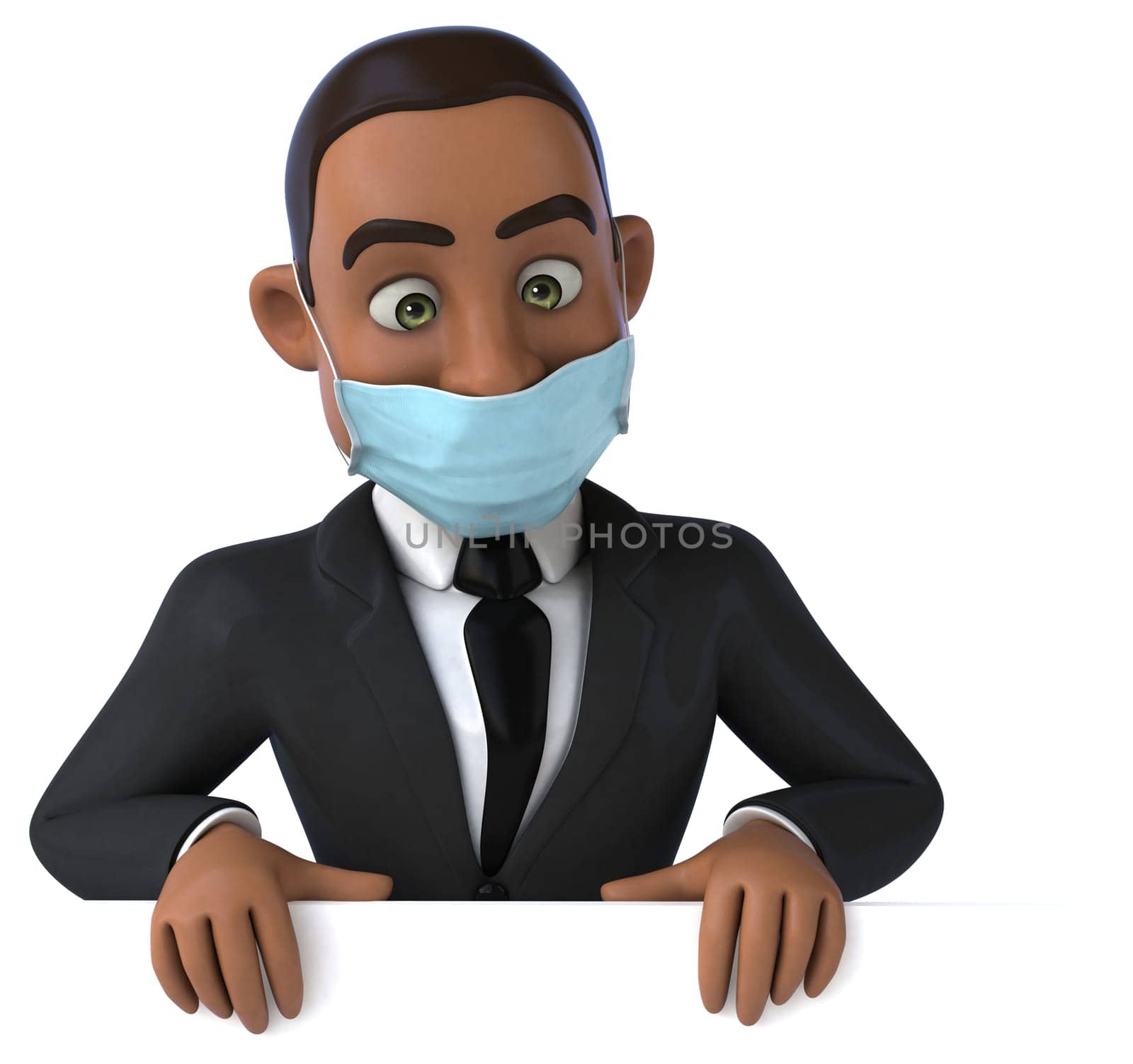 Fun 3D illustration of a black business man with a mask