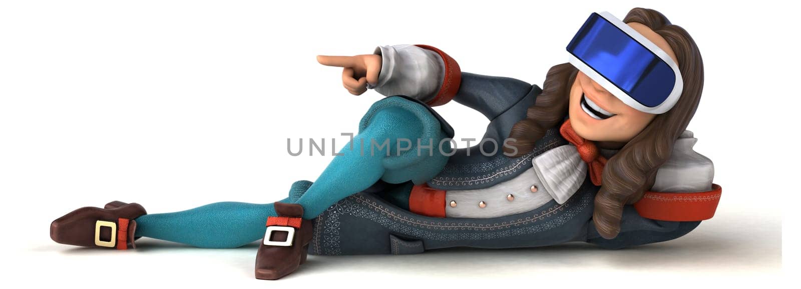 Fun 3D Illustration of a baroque gentleman with a VR Helmet