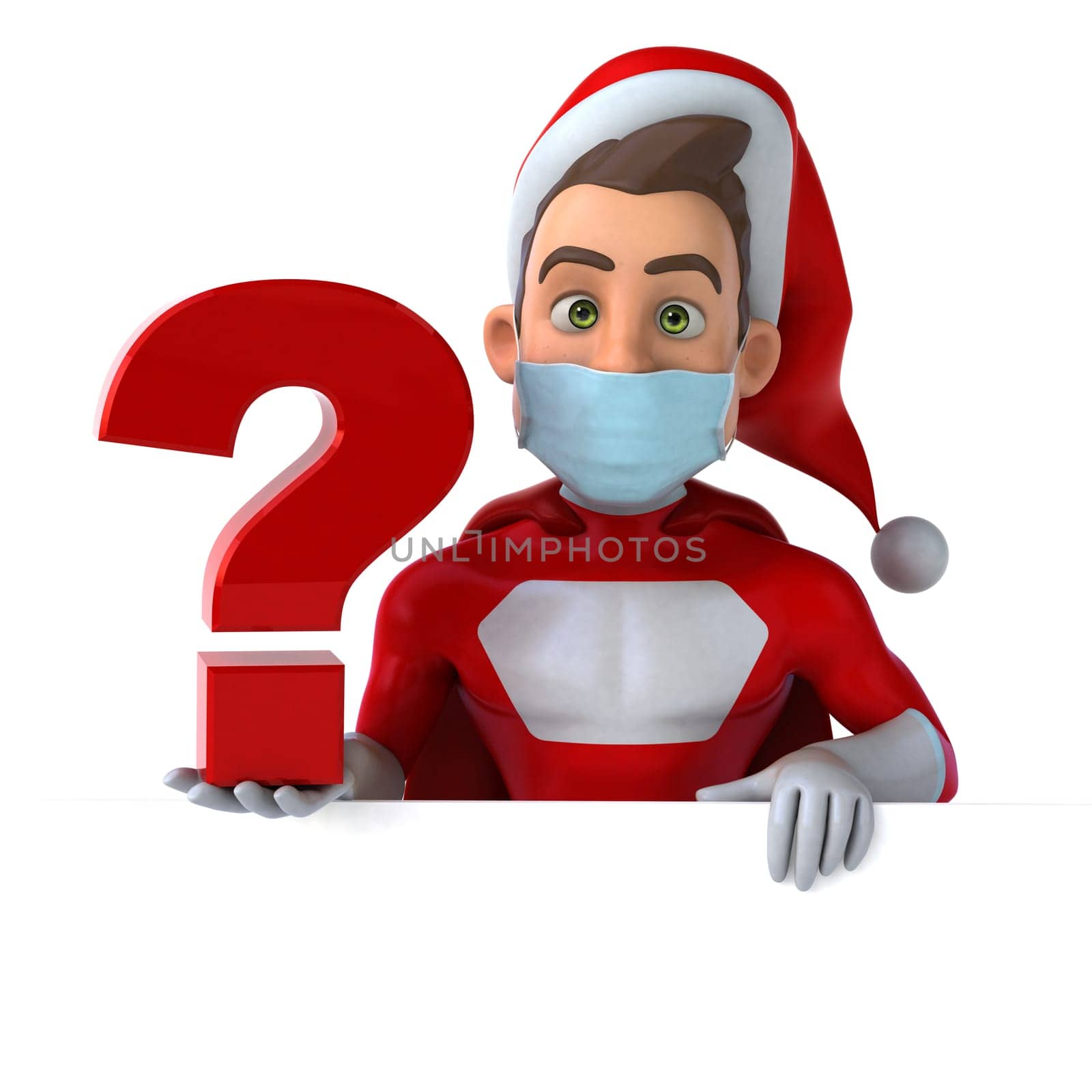 Fun 3D illustration of a cartoon Santa Claus with a mask
