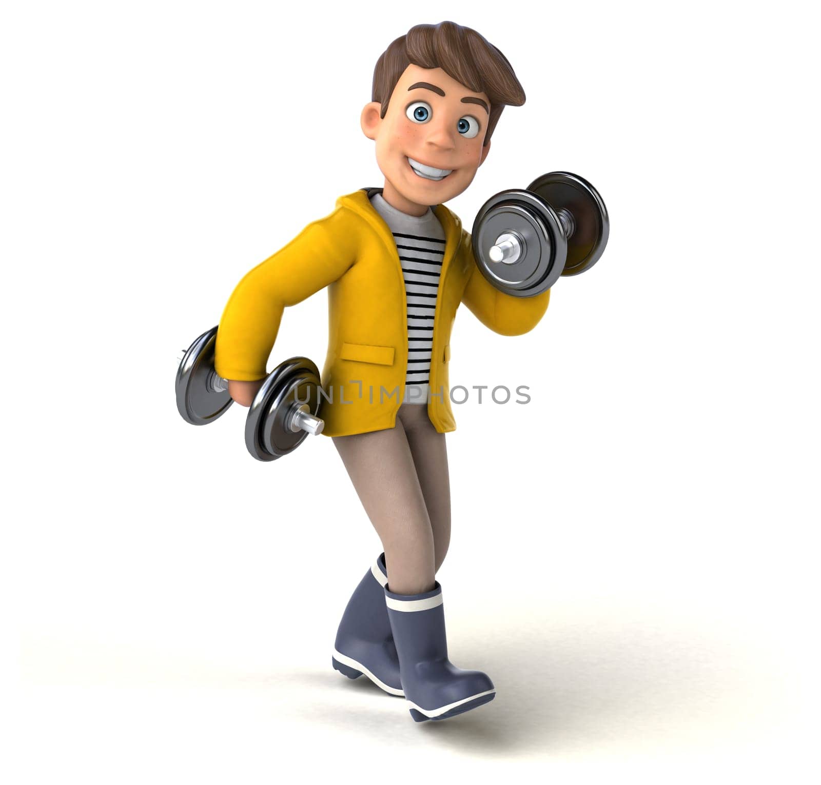 Fun 3D Illustration of a cartoon kid with rain gear