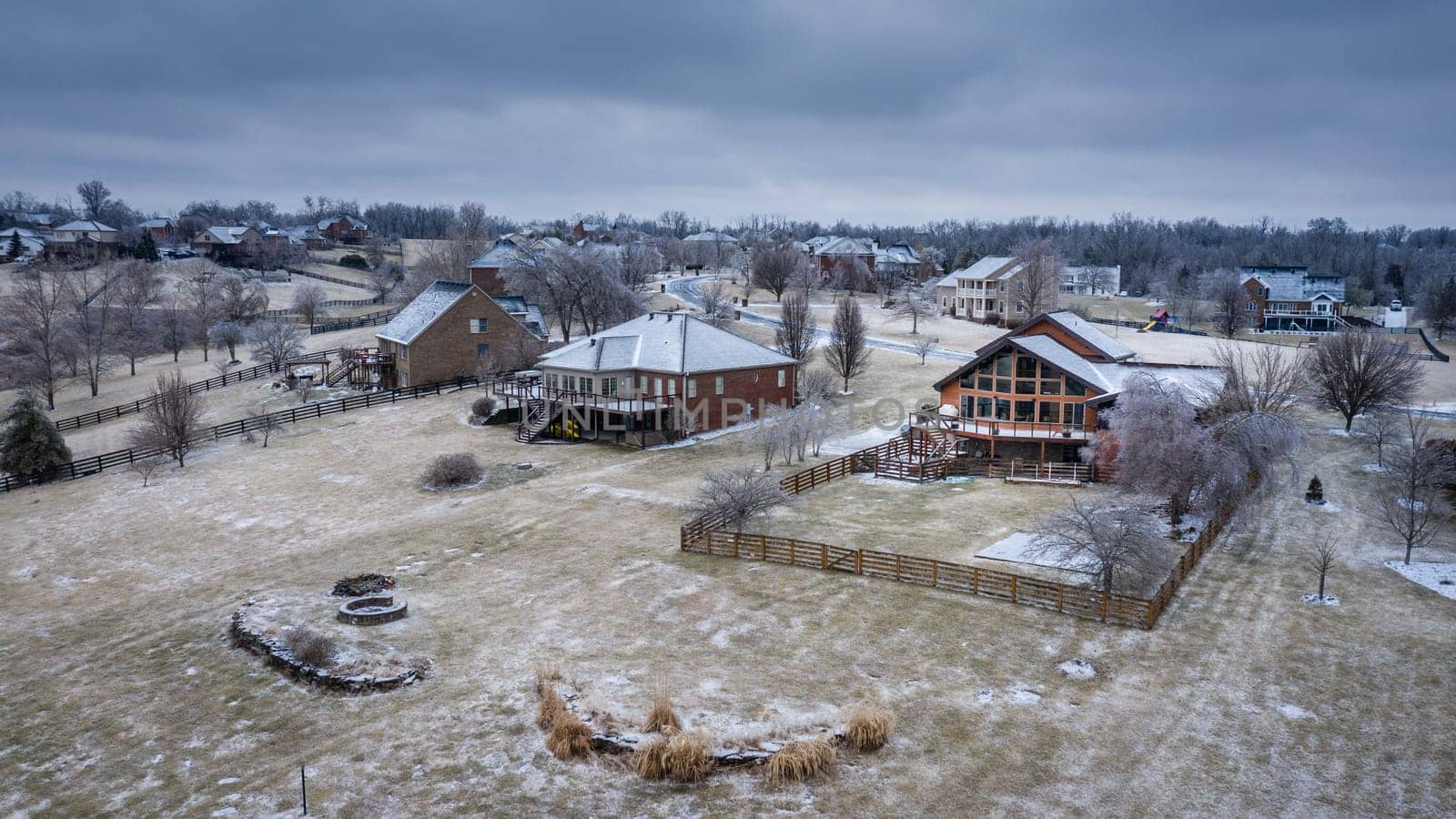 Aerial view of a residential subdivision in Central Kentucky after ice storm