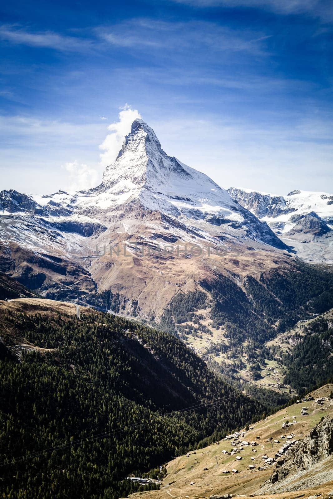 Scenic view of famous alpine peak Matterhorn near Swiss resort town of Zermatt
