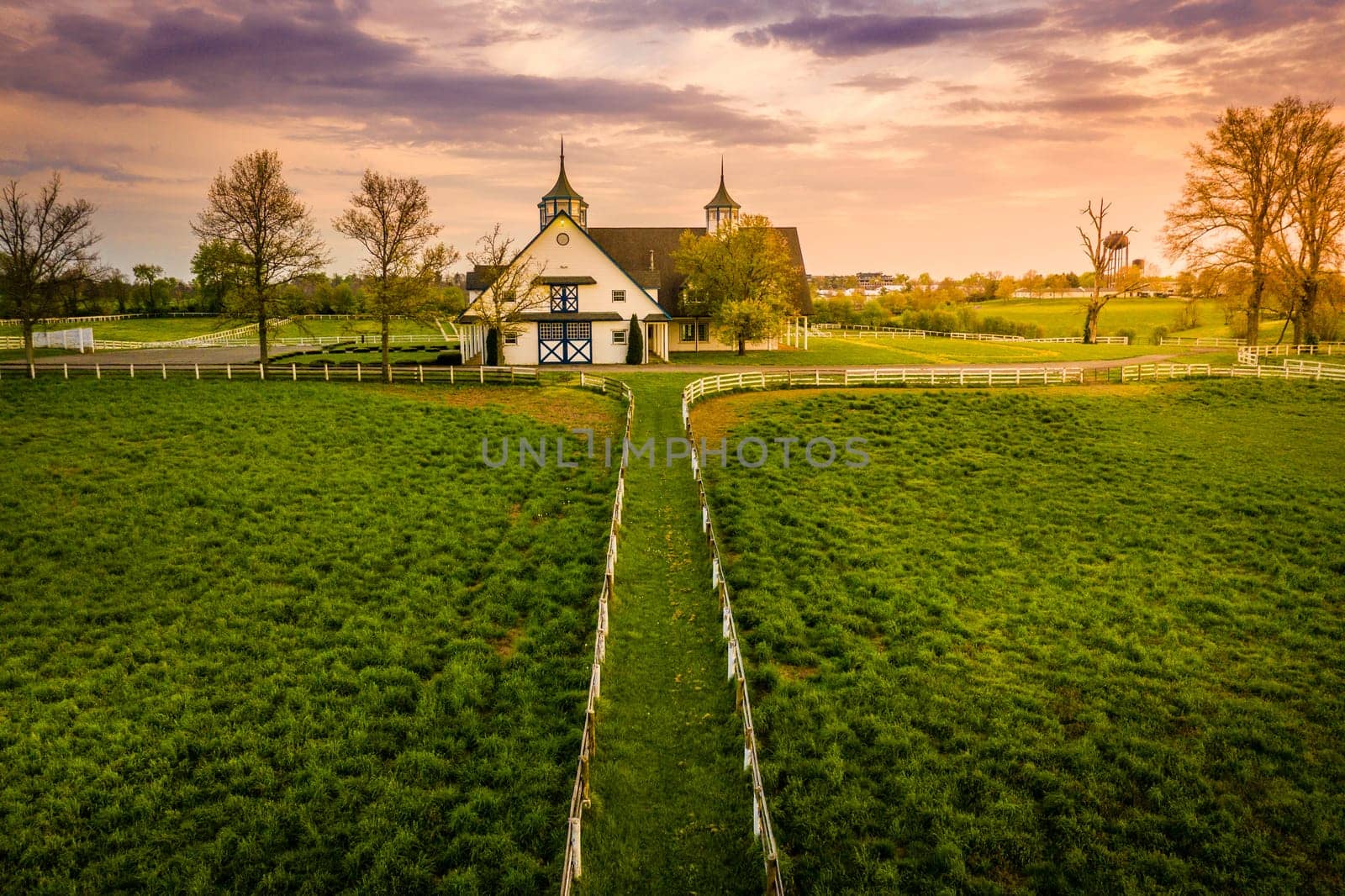 Aerial view of stables and fences at a horse farm in Lexington, Kentucky