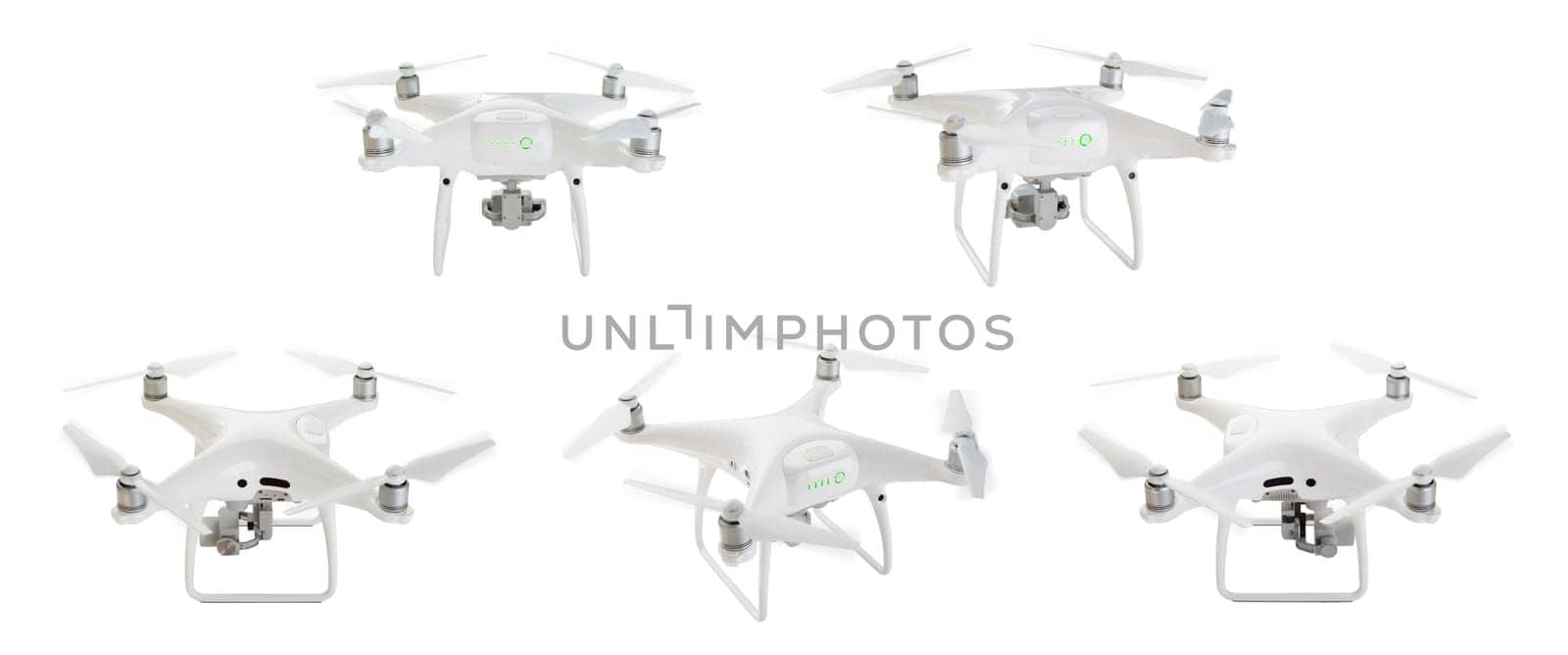Unmanned Aircraft System (UAV) Quadcopter Drones Set 1 of 2 Isolated on White.
