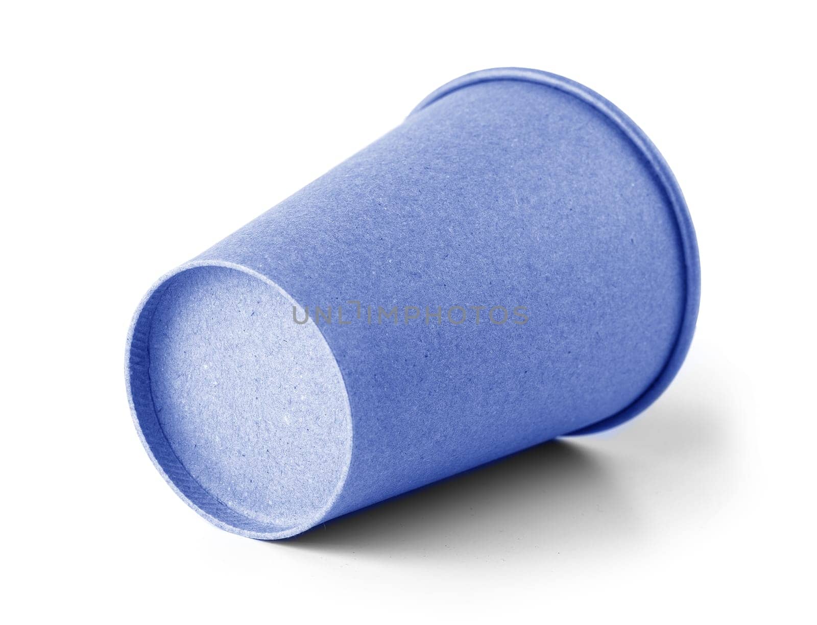The close up blue empty paper coffee cup on white background