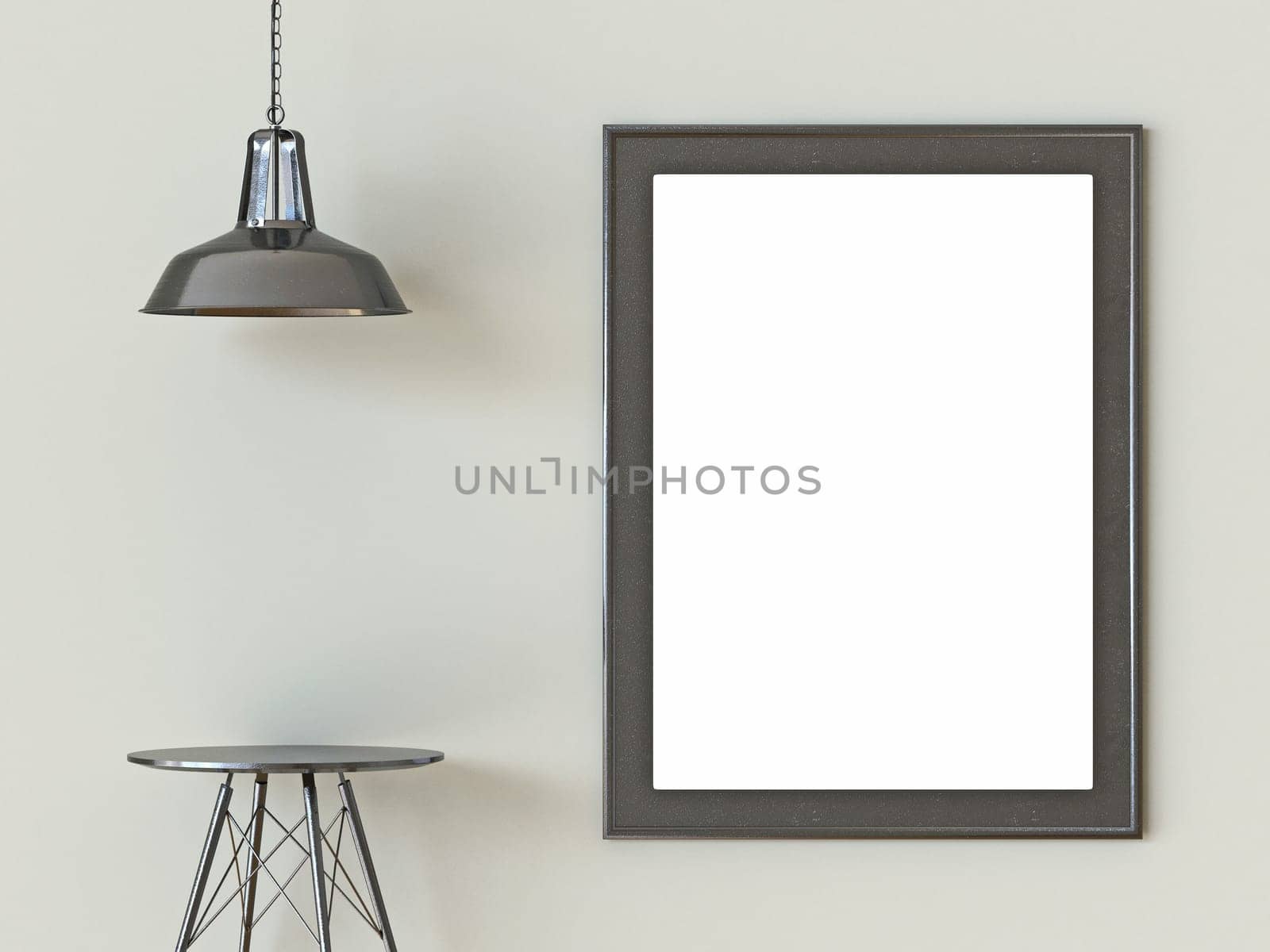 Black picture frame with lamp and empty side table mock up poster 3D render illustration