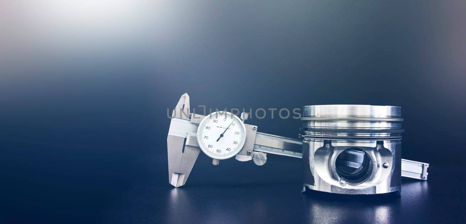 Banner of piston isolated on black background with copy space. Car service and maintenance concept.