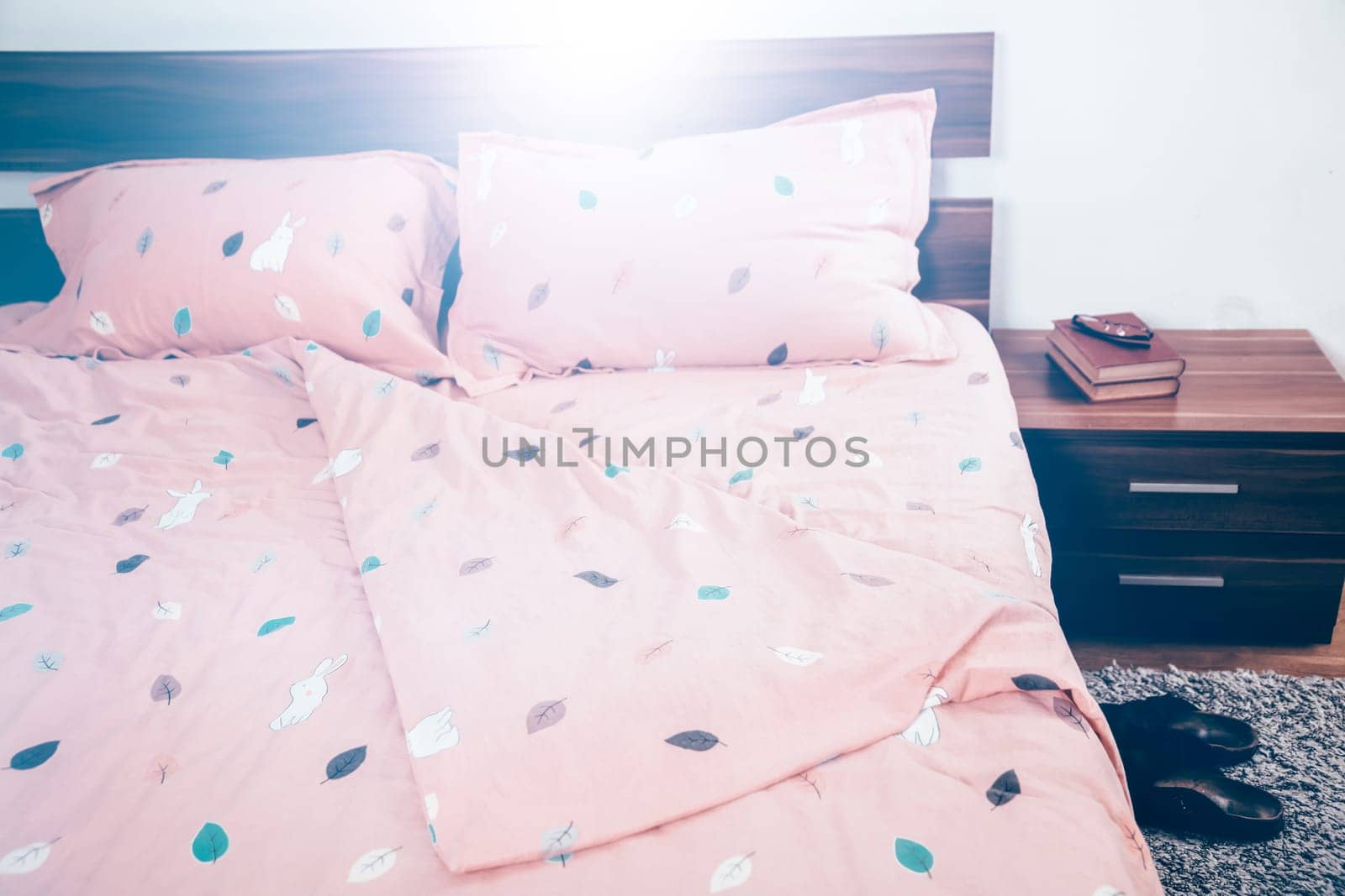 Bright, cute and cozy home bedroom interior design - close up photo