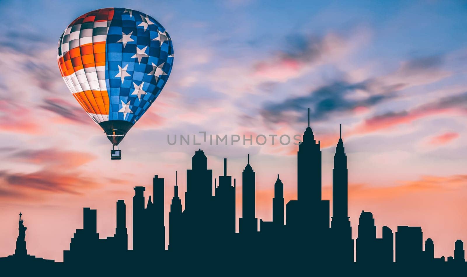 Celebrating Independence Day. Hot air balloon with USA flag over the city, background for 4th of July