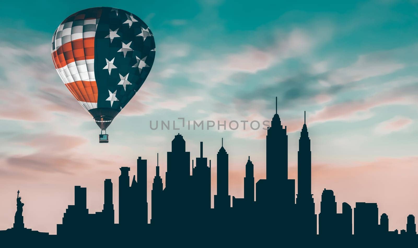 Celebrating Independence Day. Hot air balloon with USA flag over the city, background for 4th of July