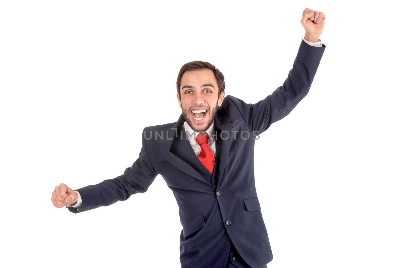 Happy and successful businessman isolated in white