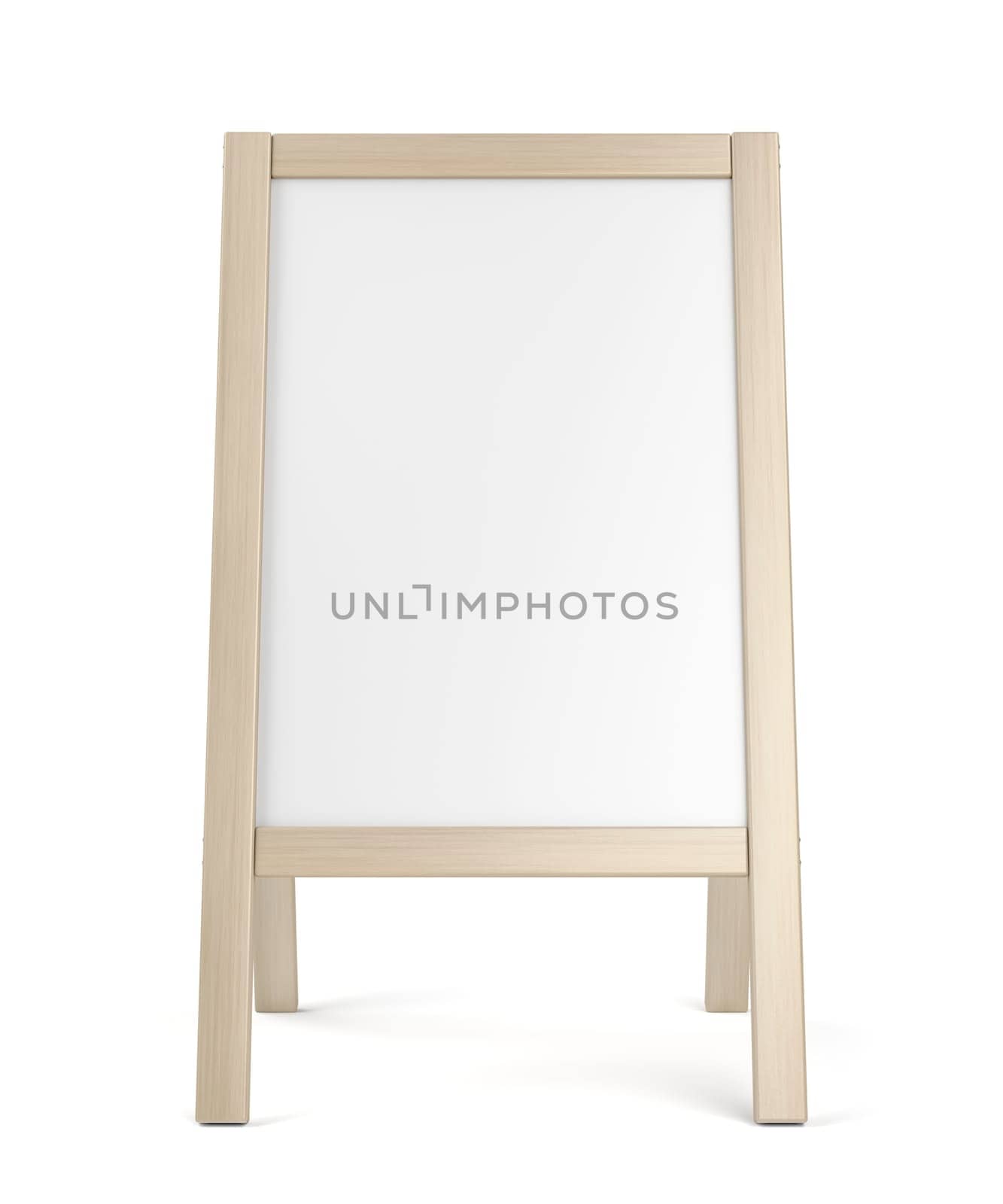Blank advertising stand with wooden frame on white background.