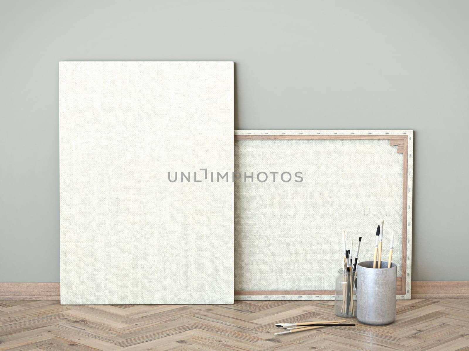Mock up blank art canvas on wooden floor 3D render illustration