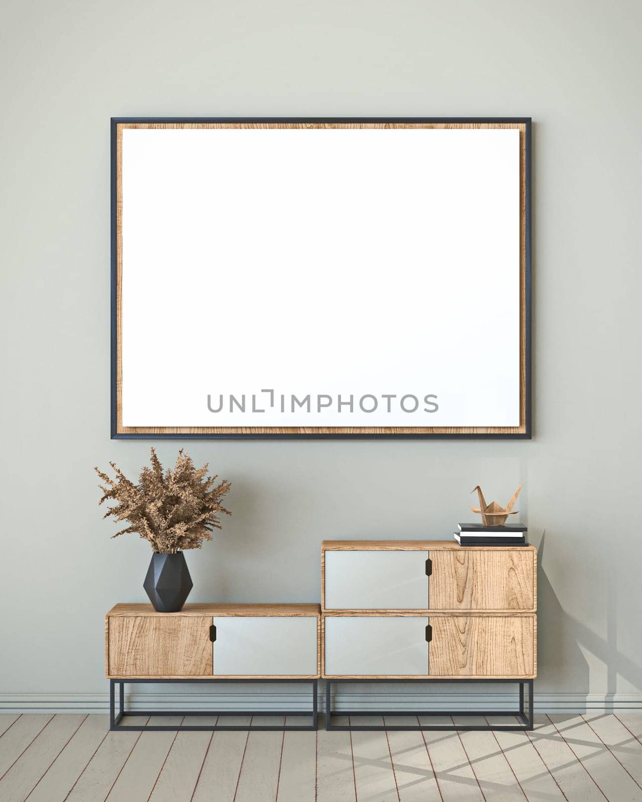 Mock up blank picture frame with wooden stands and origami crane 3D render illustration