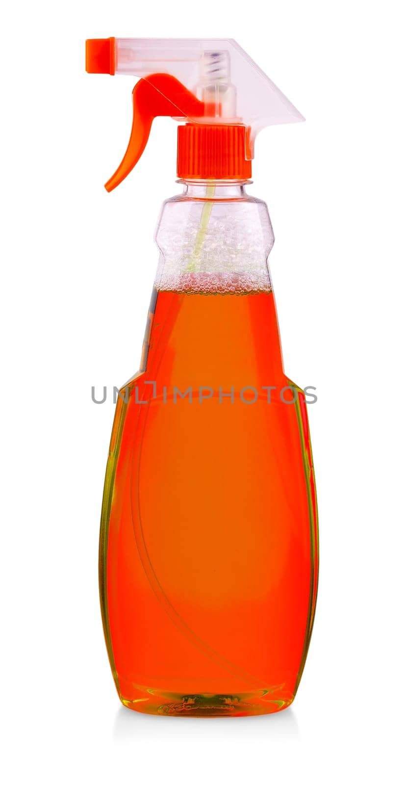 Red spray bottle with liquid isolated on white background