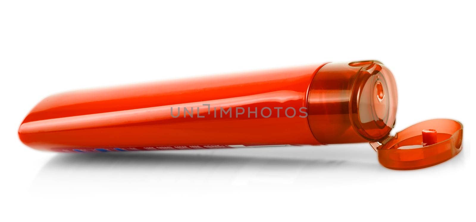 Opened Plastic Bottle with Shampoo or hygienic cosmetic product, isolated on white background
