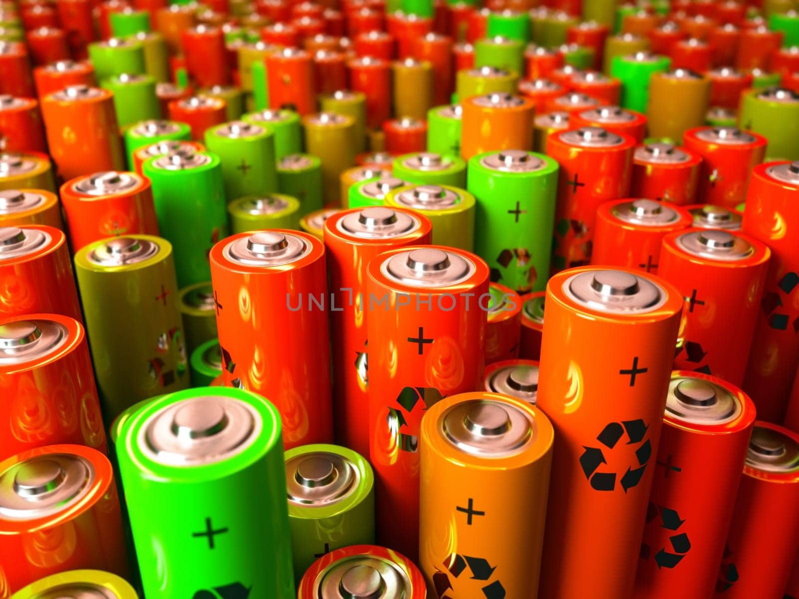 3D illustration, concept image of battery recycling, renewable energy.