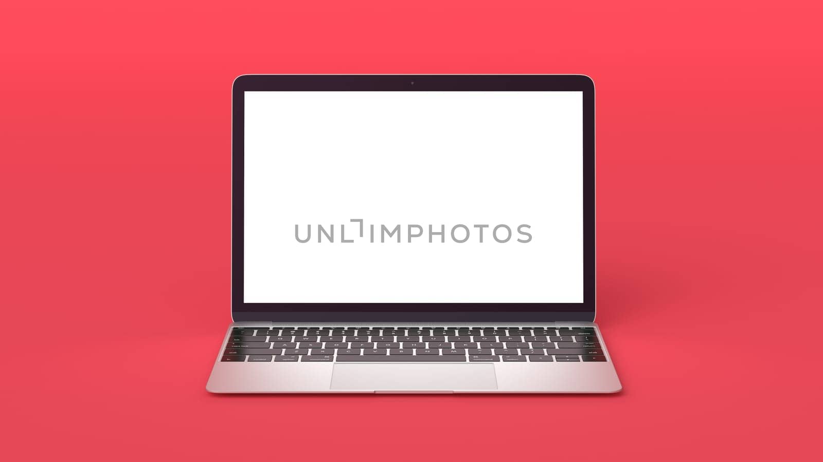 Mockup of Modern Laptop with Blank Screen on Red Background. 3D Render illustration for Your Design.