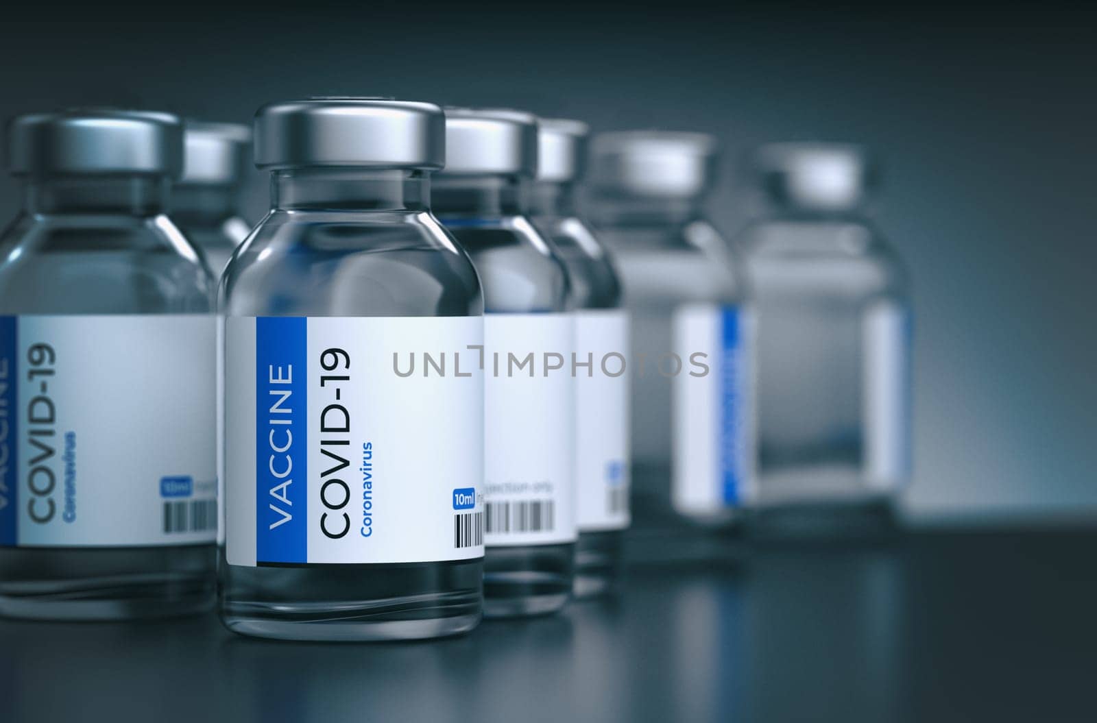 COVID-19 vaccination Concept. Covid-19 Corona Virus 2019-ncov vaccine bottles injection. Vaccination, immunization, treatment to cure Covid 19 Corona Virus infection Concept. 3D Render.