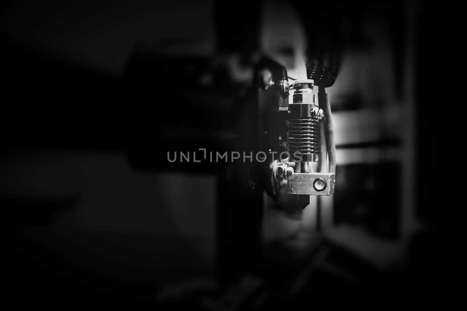 Modern 3D Printer Close-up Macro. Creative Abstract New Technologies Concept.
