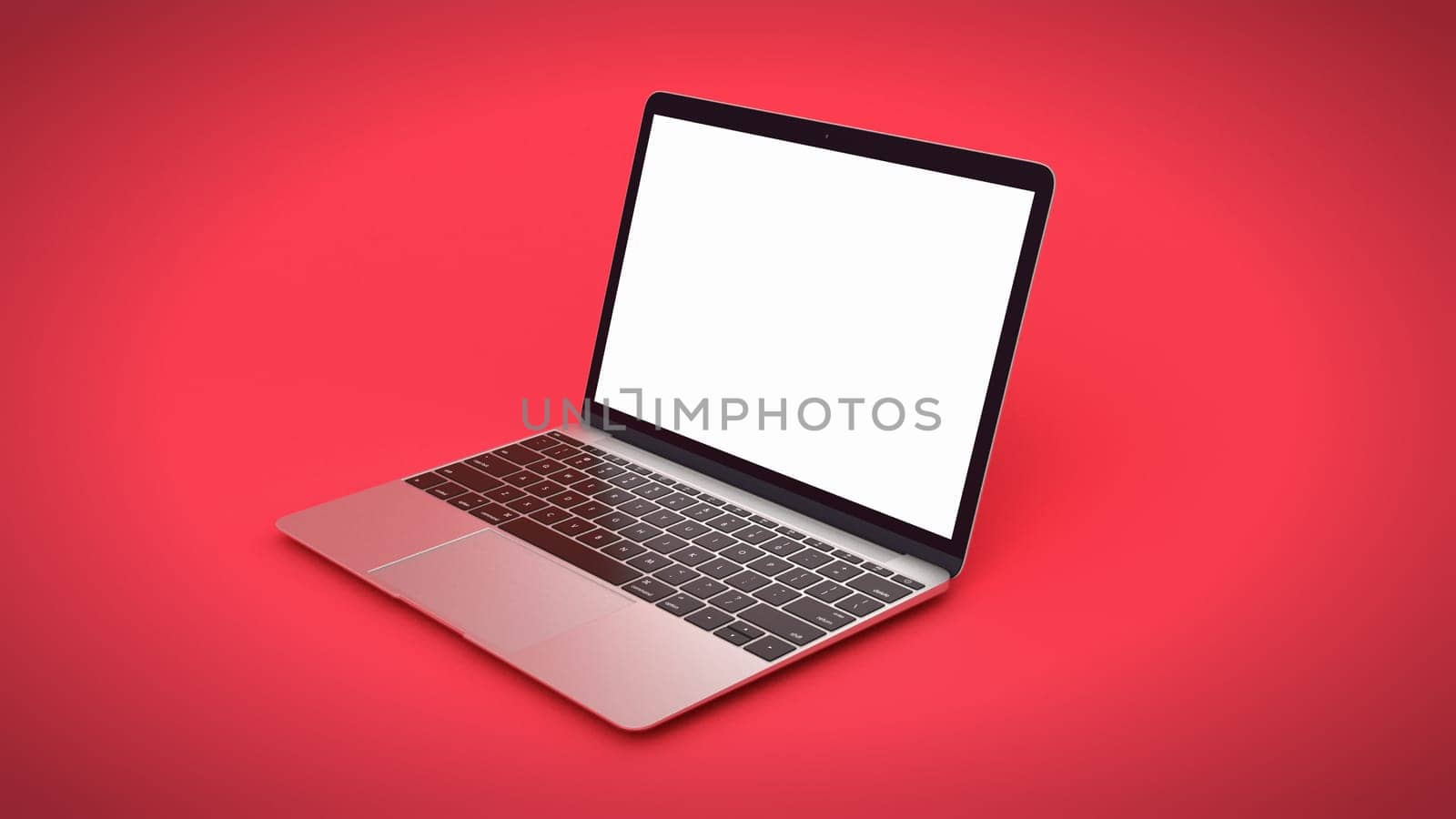 3D Rendering : Illustration of Modern Laptop Notebook Mock Up with Red Color Background. Technology Gadget for Hipster Background Concept. High Resolution Front View.